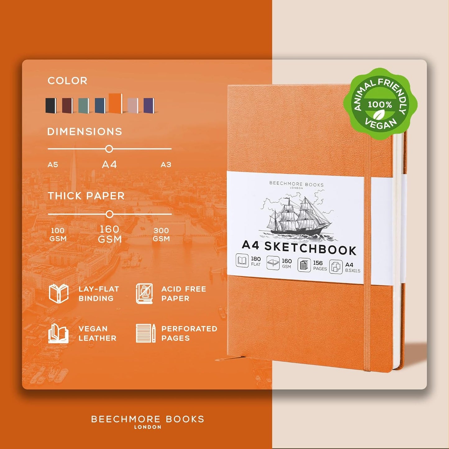 Beechmore Books A4 Sketchbook – 8.5x11 Premium Vegan Leather Bound Large Sketch Book Hardcover with 156 Thick 160gsm Perforated Ivory Pages, Blank Sketch Pad, Gift Boxed, Back Pocket, Ribbon Bookmark