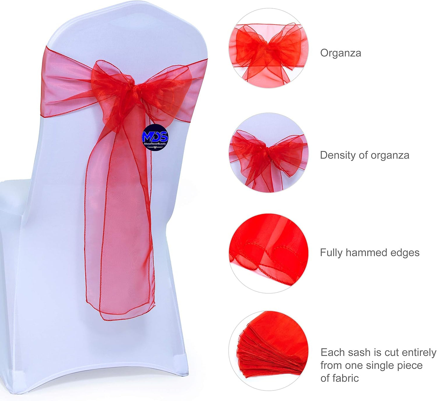 MDS Pack of 25 PCS Organza Chair Sashes Wider Dining Chair Bows Ribbon Tie Back for Wedding Party Birthday Bridal Shower Reception Event Banquet Home Chair Cover Decoration - Red