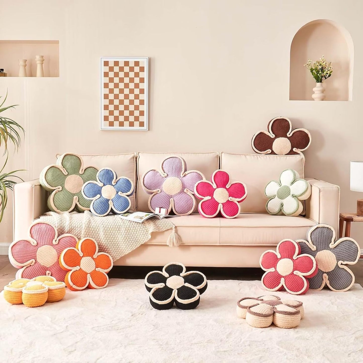 Soft Flower Shaped Floor Cushion, Decorative Throw Pillow, Cute Seating Cushion, Plush Pillow for Sofa Couch Bed (13.7 Inch, Hot Pink)