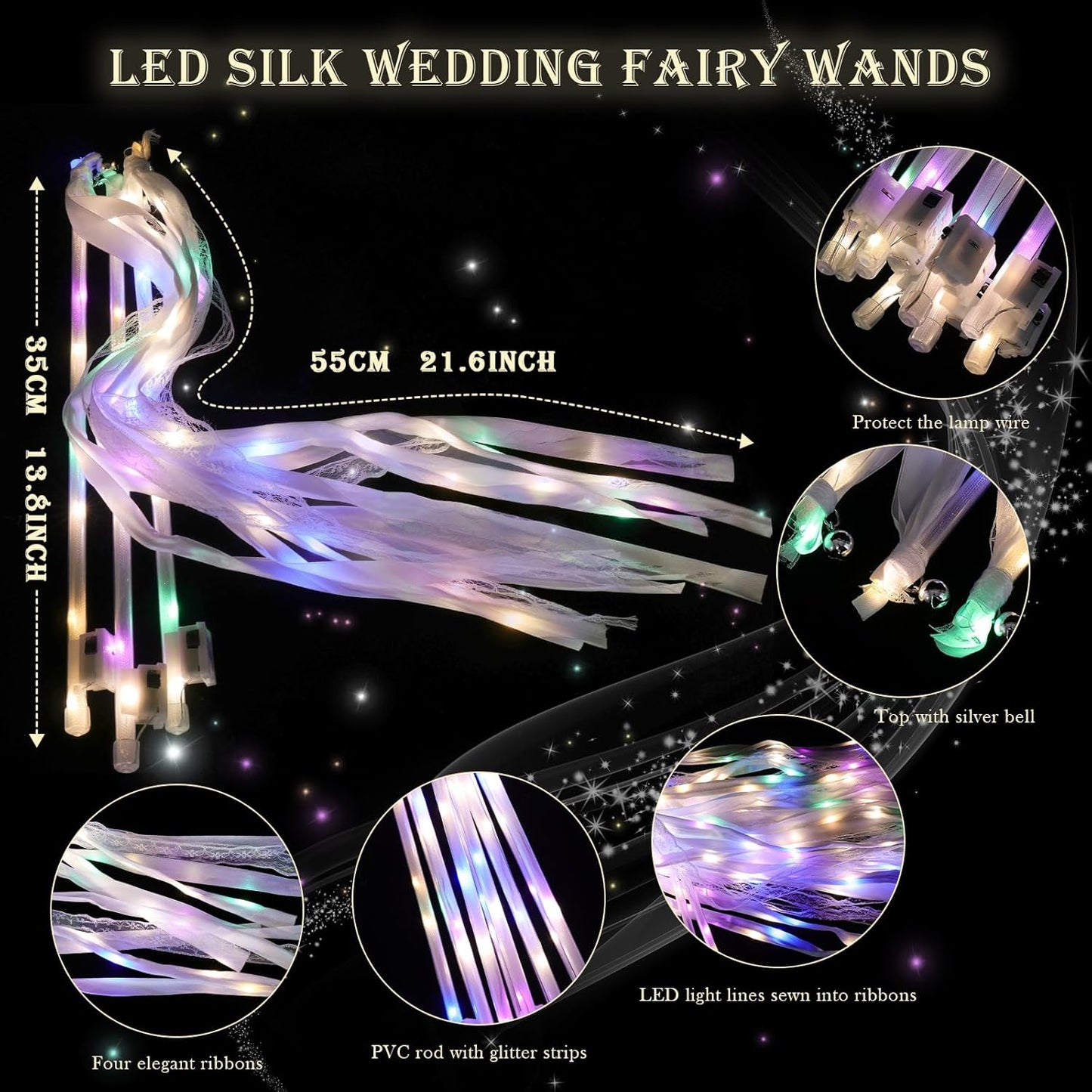 30 Pieces Light up Wedding Wands with Ribbons & Bells –LED Silk Wedd Fairy Wands Streamers with Warm White & Colorful Lights for Wedding Send Off Ideas, Parties, and Celebrations