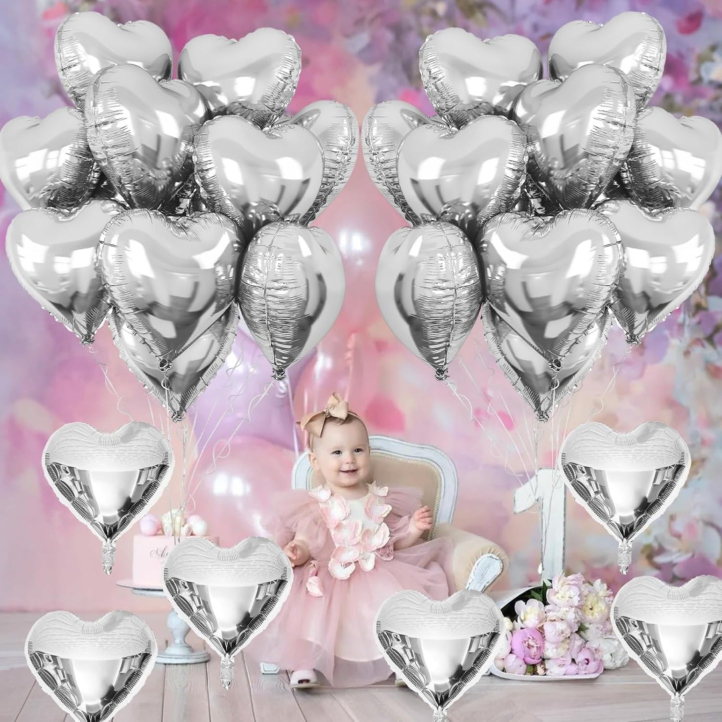 Silver Heart Foil Balloons, 10PCS 18Inch Mylar Balloons for Birthday, Valentine, Wedding, Baby, Graduation, New Year Party Decor