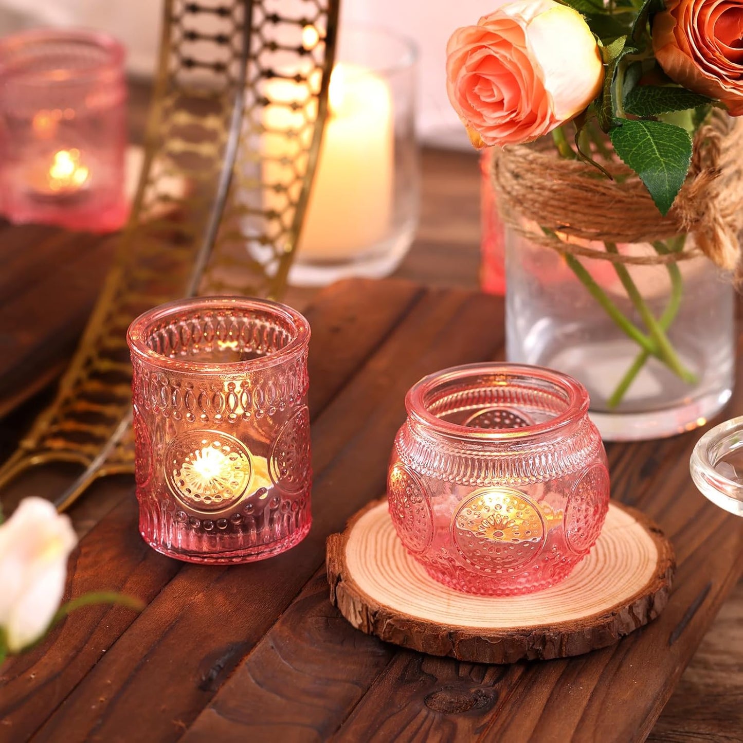 DARJEN 24Pcs Pink Votive Candle Holders- Glass Candle Holders Bulk for Flameless LED Tea Waxes, Romantic Candle Holder for Wedding Decor, Various Parties & Dinner Table