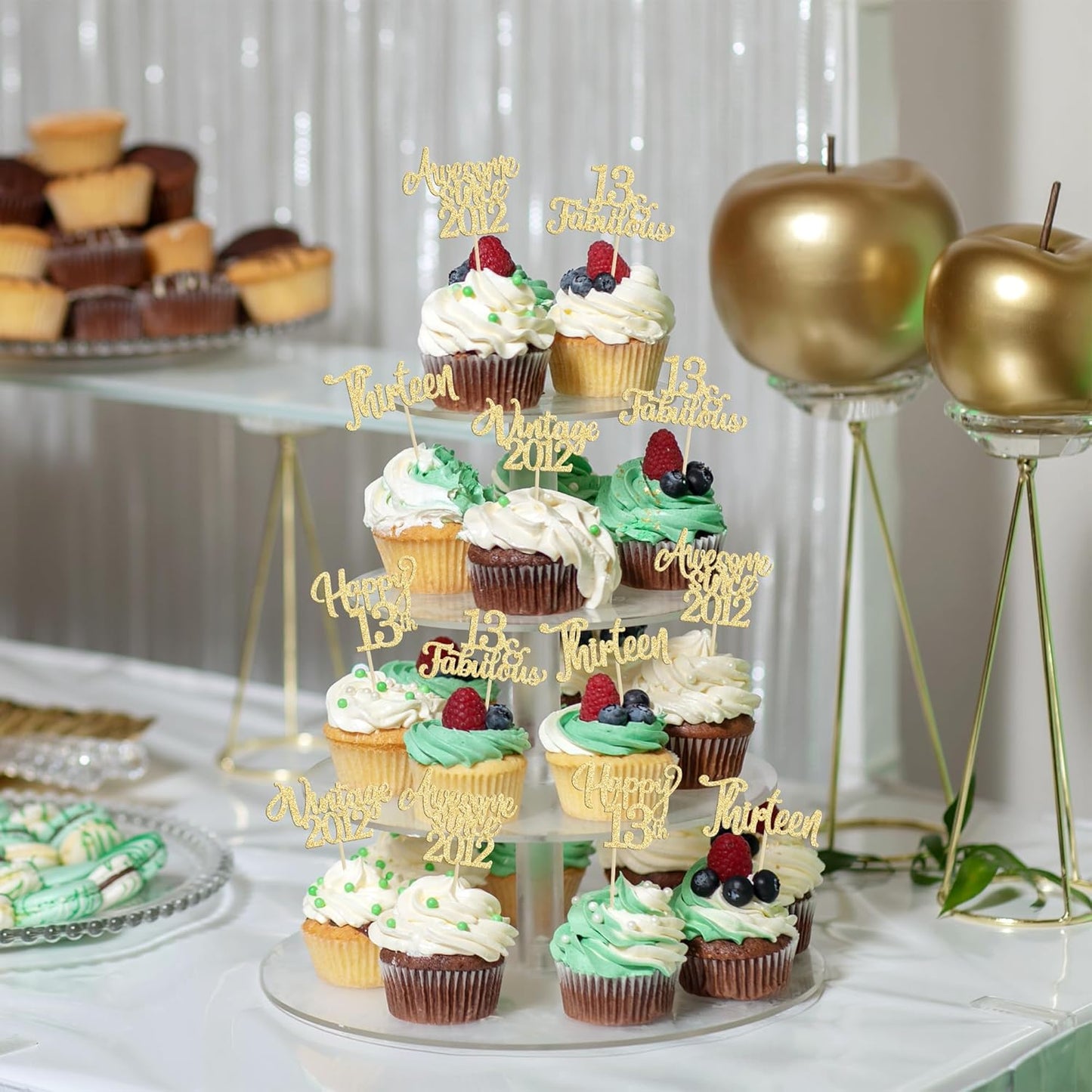 30Pcs Vintage 2012 Cupcake Toppers Glitter Thirteen Happy 13th Birthday 13 Fabulous Cupcake Picks Cheers to 13 Years for 13th Birthday Wedding Anniversary Party Cake Decorations Supplies Gold