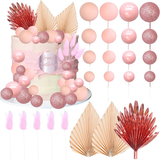 Ephlyn 33 Pack Balls Cake Toppers Boho Palm Leaves Cake Decorations Round Acrylic Happy Birthday Cupcake Toppers for Birthday Wedding Baby Shower Party Supplies Rose Gold