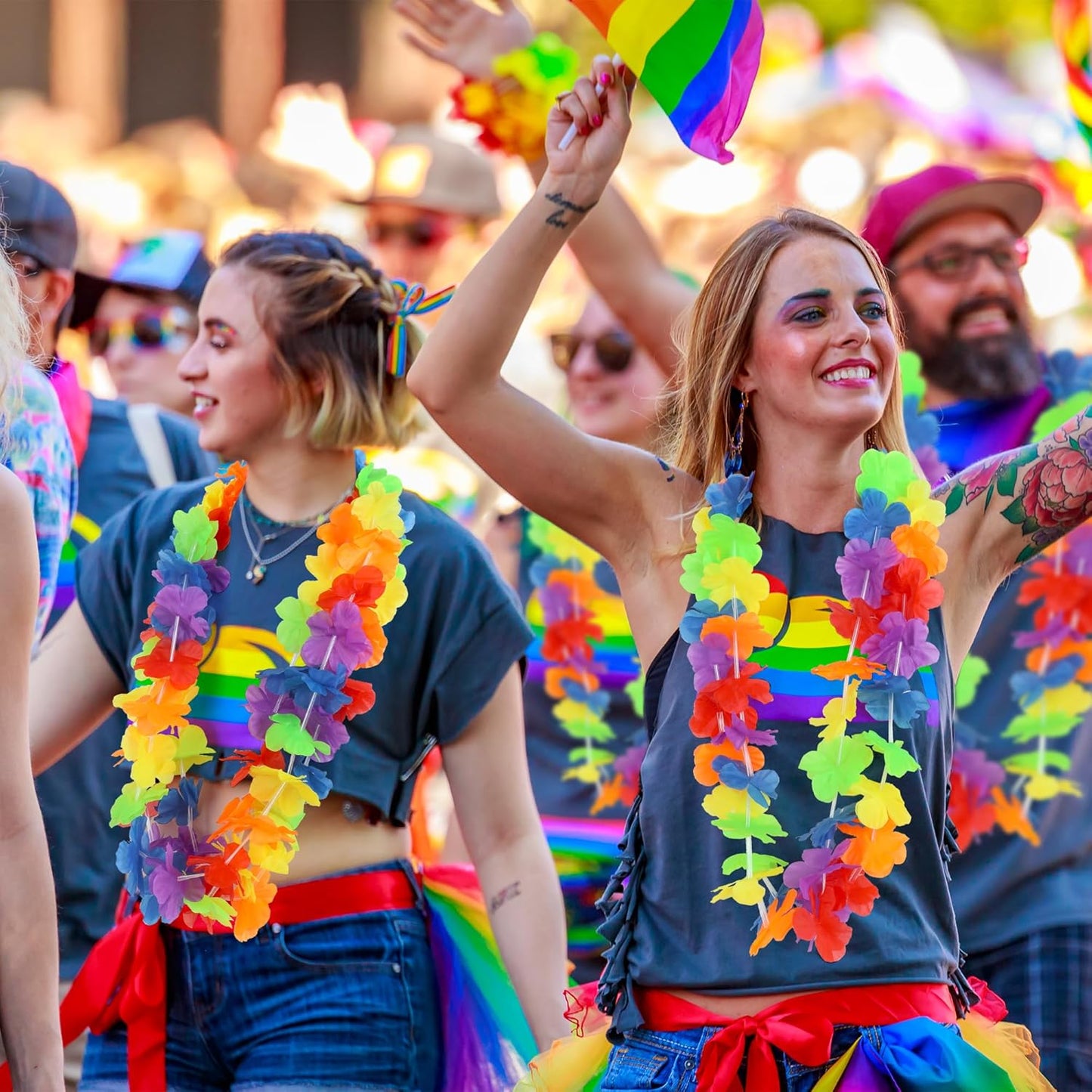 Hawaiian Leis Decorations, Luau Party Leis Bulk, Rainbow Hawaiian Pride Month Leis Accessories, Silk Flower Stuff Bulk, LGBT Gay Lesbian Lei for Parade Tropical Hawaiian Luau Party
