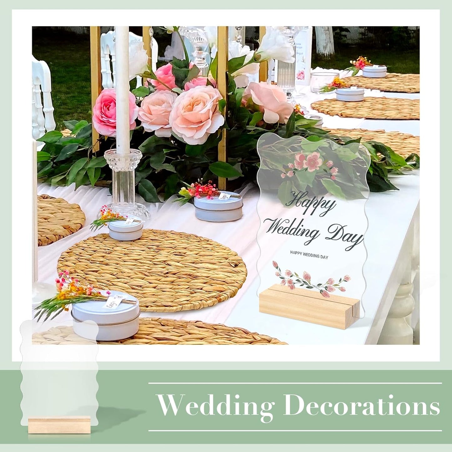 10 Pack 5x7 Inch Scalloped Acrylic Sign Blank Acrylic Sheets with Wood Base Clear Table Numbers for DIY Name Card Gifts Wedding Table Sign Event Party Decoration