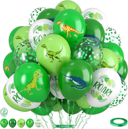 Dinosaur Balloons, 12 Inch Dark Fruit Light Green White Dinosaur Printed Latex Balloons for Boy Dino Birthday Party Decorations Jungle Baby Shower Safari Backdrop