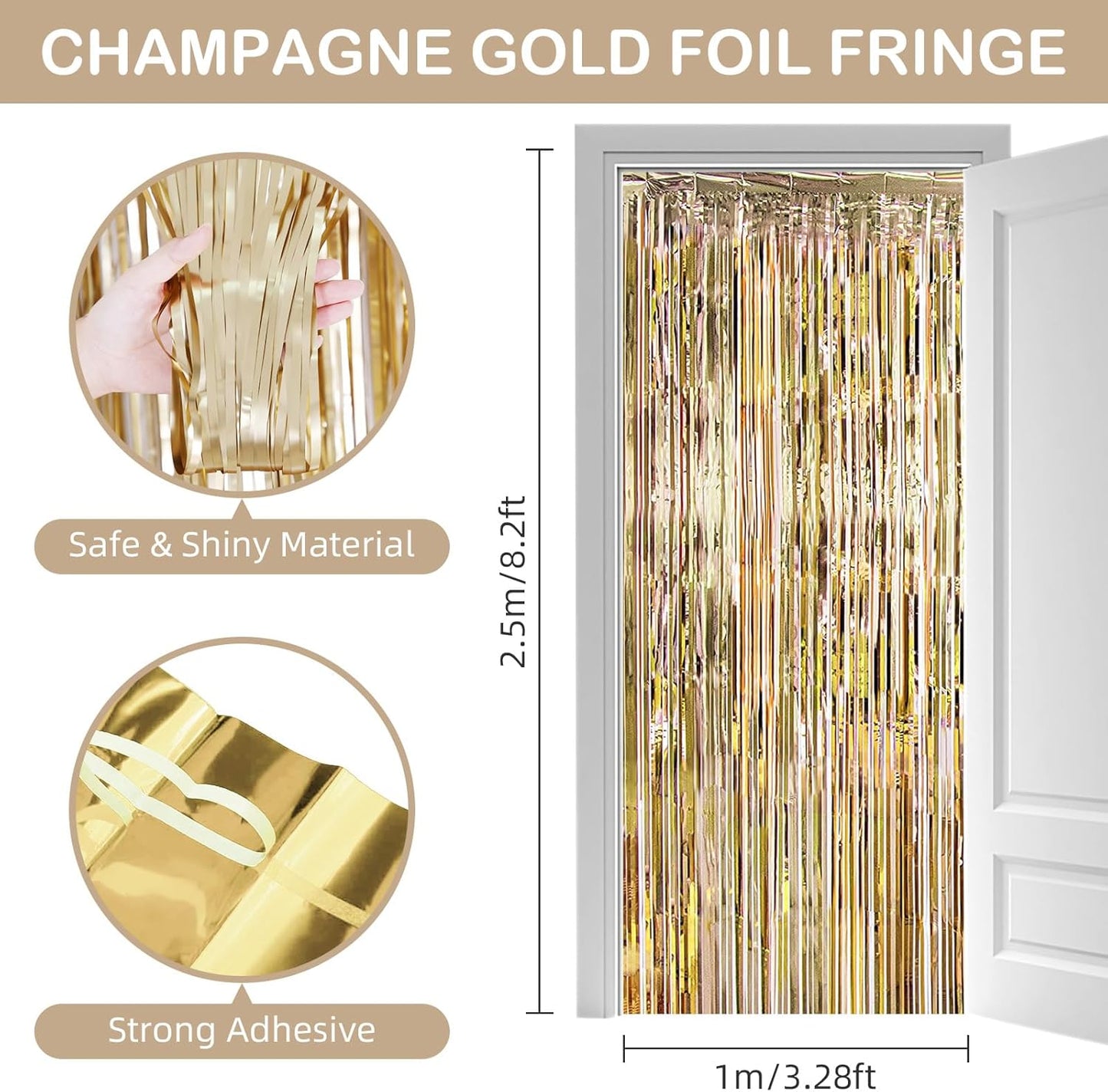 Champagne Gold Fringe Curtain Party Streamers, 12 Pack 3.3ft x 8.2ft Foil Curtain Backdrop Tinsel Foil Fringe Curtains Photo Booth Backdrop Streamer for Birthday, Wedding, Baby Shower, Disco Party