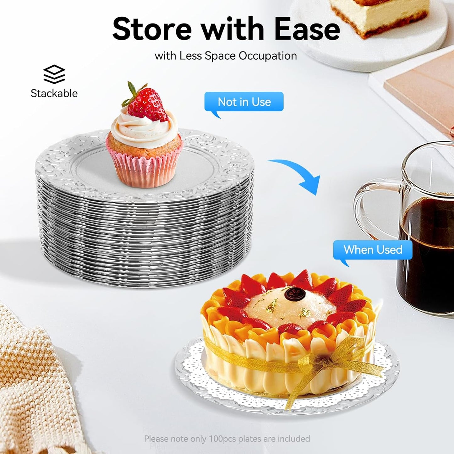 Antique Charger Plates Set, 100 Pcs 13in Plastic Embossed Dinner Plate, Round Phoenix Pattern Elegant Floral Plates for Dinner Wedding Party Event Table Setting Decoration (Silver)