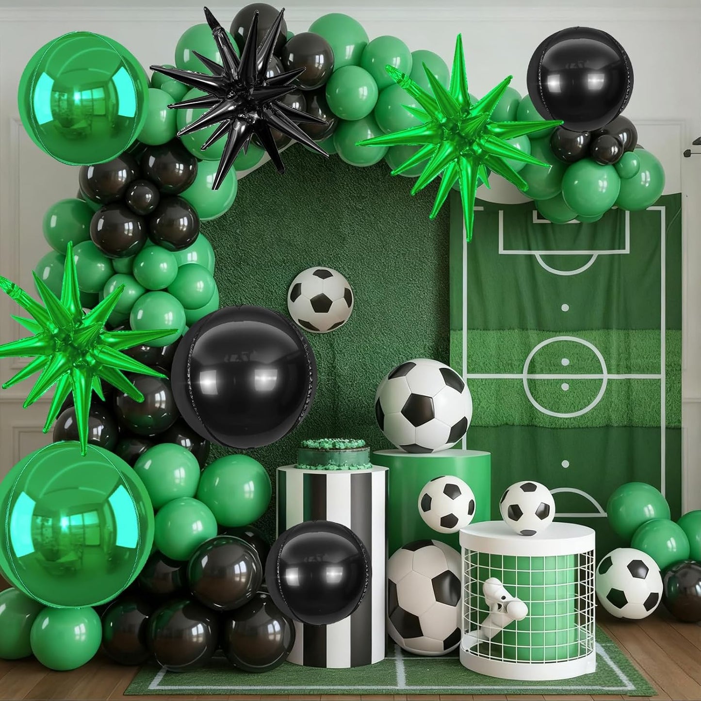 6Pcs Black Green Foil Balloons,22Inch Black Green 4D Round Ball Balloon and Explosion Star Balloon for Birthday Wedding Baby Shower Anniversary Party Decorations