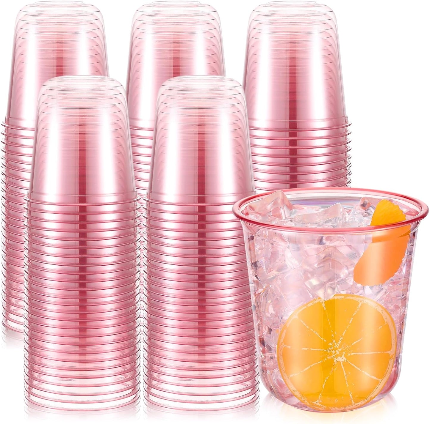 200 Pcs Disposable Stemless Glasses 12oz Crystal Plastic Wine Glasses Clear Classic Pet Cup for Meeting Weddings Birthdays Cocktail Christmas Party Supplies (Pink)