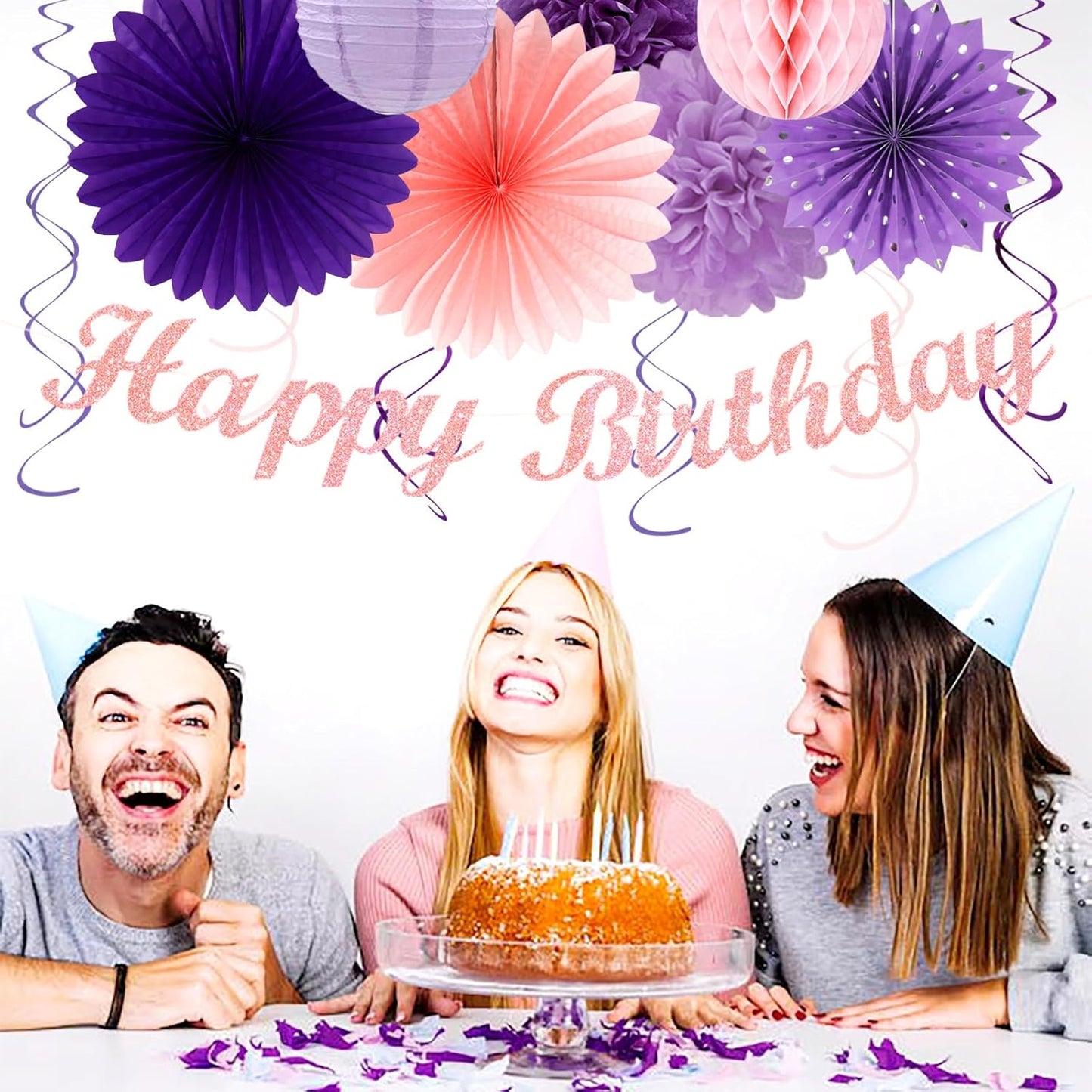 Purple Lilac-Lavender Pink Women Birthday Party-Decorations - 21pcs Happy Banner,Paper Lanterns Honeycomb,Tissue Pom Poms Flower Fan,Classroom Hanging Streamers Garland,Girls Decor Supplies Huglony