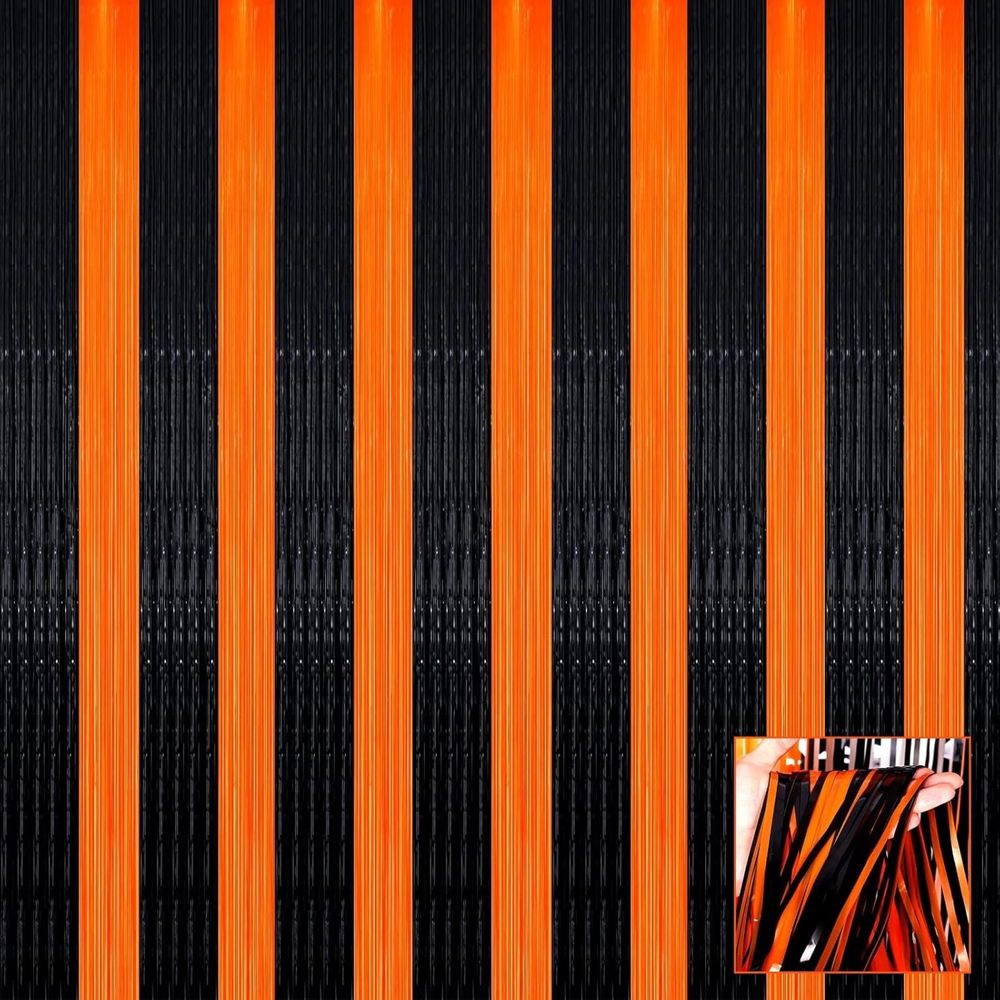 4 Pack Black Orange Foil Fringe Curtain Backdrop, 3.28Ft x 9.8Ft Metallic Tinsel Foil Fringe Streamers Curtains for Photo Booth, Wedding, Thanksgiving, Birthday, Christmas, Halloween Party Decoration