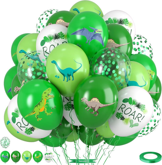 Dinosaur Balloons, 12 Inch Fruit Lime Dark Green White Confetti Balloons with Dinosaur Printed Pattern for Boys Jungle Theme Birthday Party Safari Woodland Baby Shower Decorations