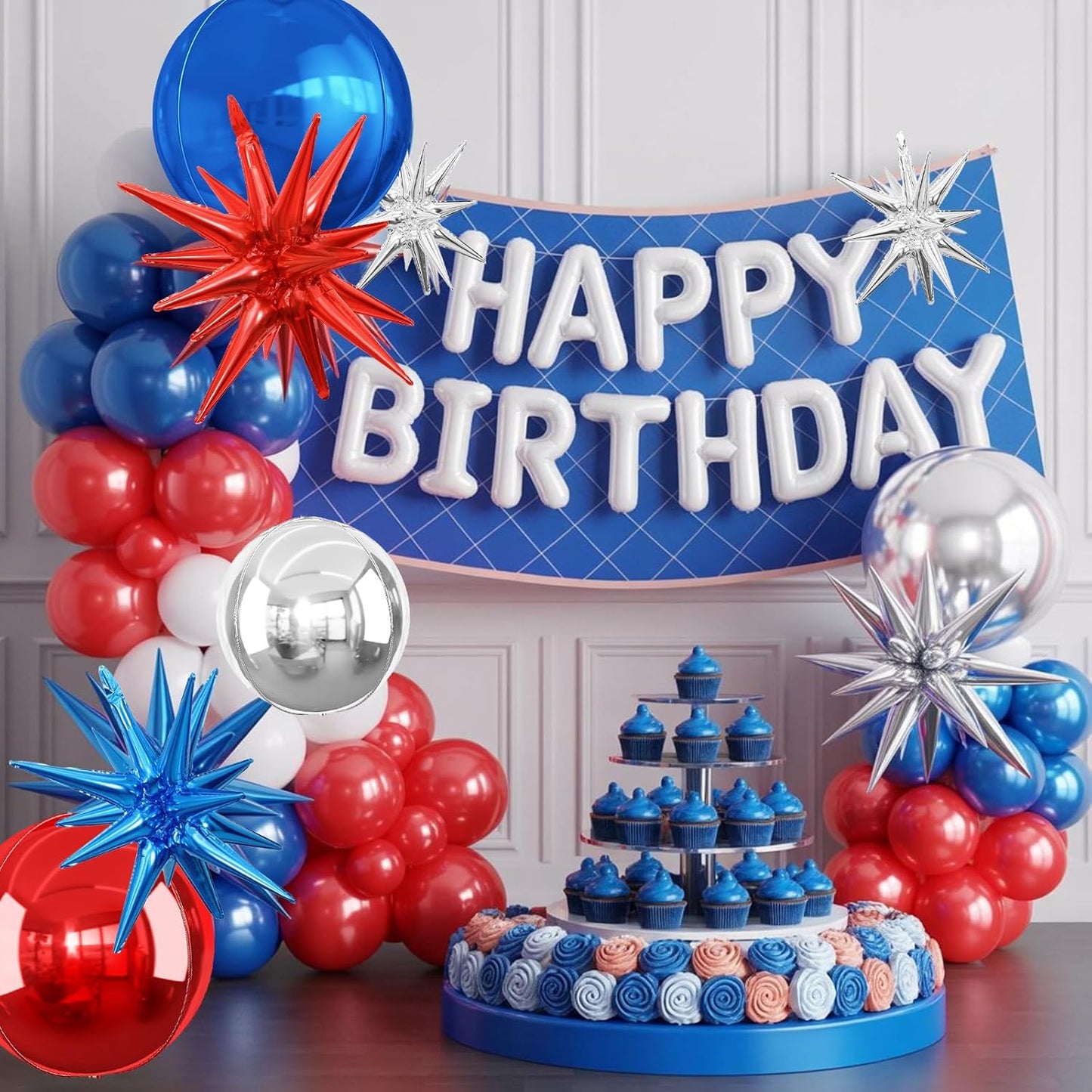 6Pcs Red Blue Silver Foil Balloons,22Inch Blue Red Silver 4D Round Ball Balloon and Explosion Star Balloon for Birthday Wedding Baby Shower Anniversary 4th of July Party Decorations