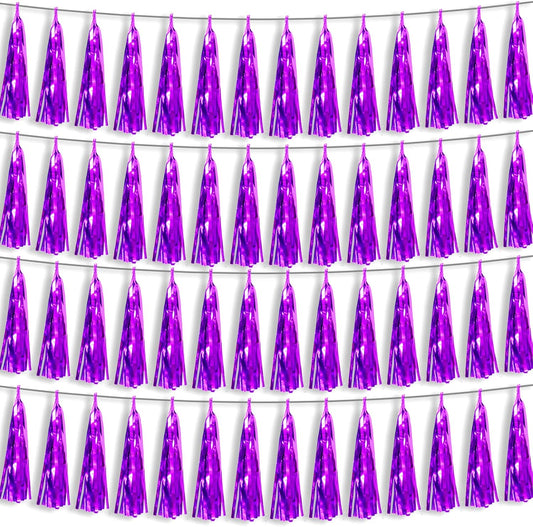 4P Purple Foil Fringe Metallic Streamers Banner Tassel Garland for Parade Floats, Bachelorette, Wedding, Birthday, Halloween, Christmas, Bridal/Baby Shower Party Decorations