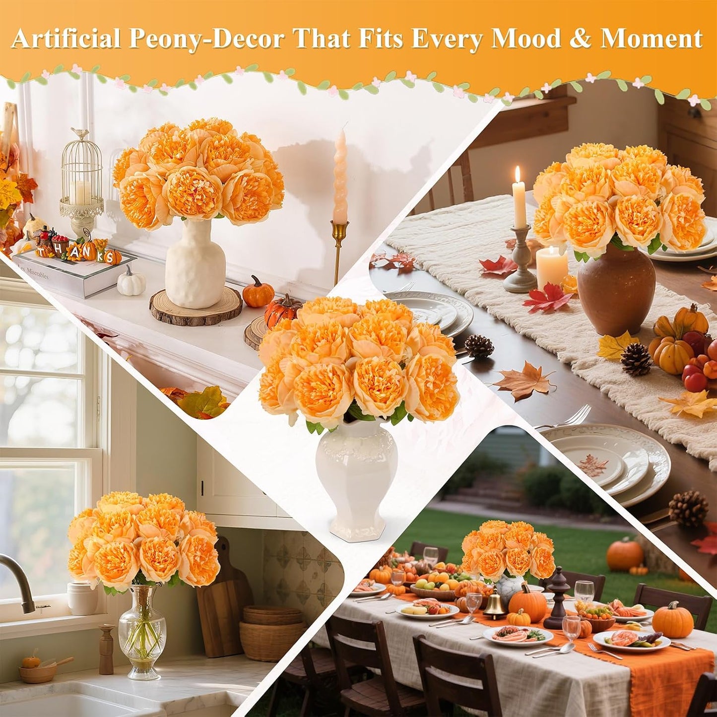 U'Artlines Artificial Peony Silk Flower with Stems 10pcs Real Look Vintage Peonies for Home Wedding Decoration (Orange)