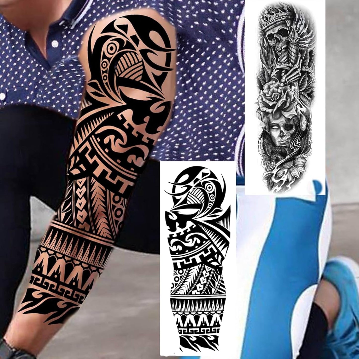 20 Sheets Black Tribal Wolf Tiger Lion Temporary Tattoo Sleeve For Men Adults, 3D Halloween Prison Gothic Maori Sleeve Tattoos For Women, Fake Full Arm Sleeve Tattoo Stickers Skull Skeleton