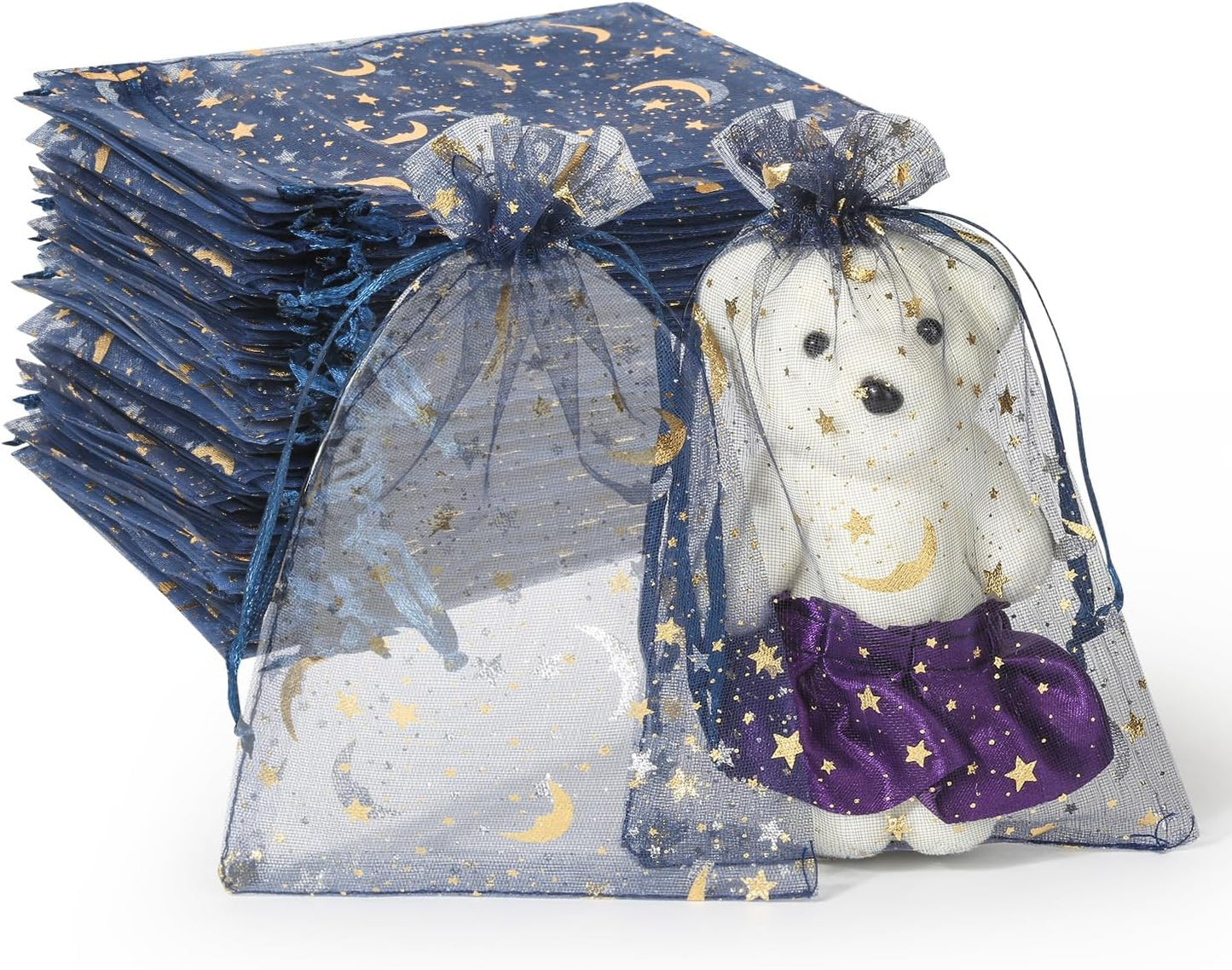 100 Pieces Moon Star Organza Bags, 4x6 Inch Random Color Organza Pouch Small Gift Bags with Drawstring for Christmas Party Favors Wedding Valentine's Day Ramadan Eid and Eid Al Adha Goodie Bags