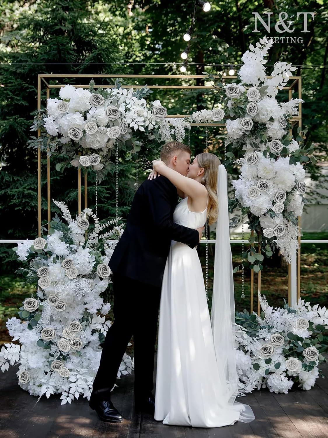 N&T NIETING Roses Artificial Flowers, 50Pcs Fake Flowers Foam Roses with Stems for DIY Wedding Bridesmaid Bridal Bouquets Centerpieces Party Home Decoration Baby Shower, Silver White and Silver Grey