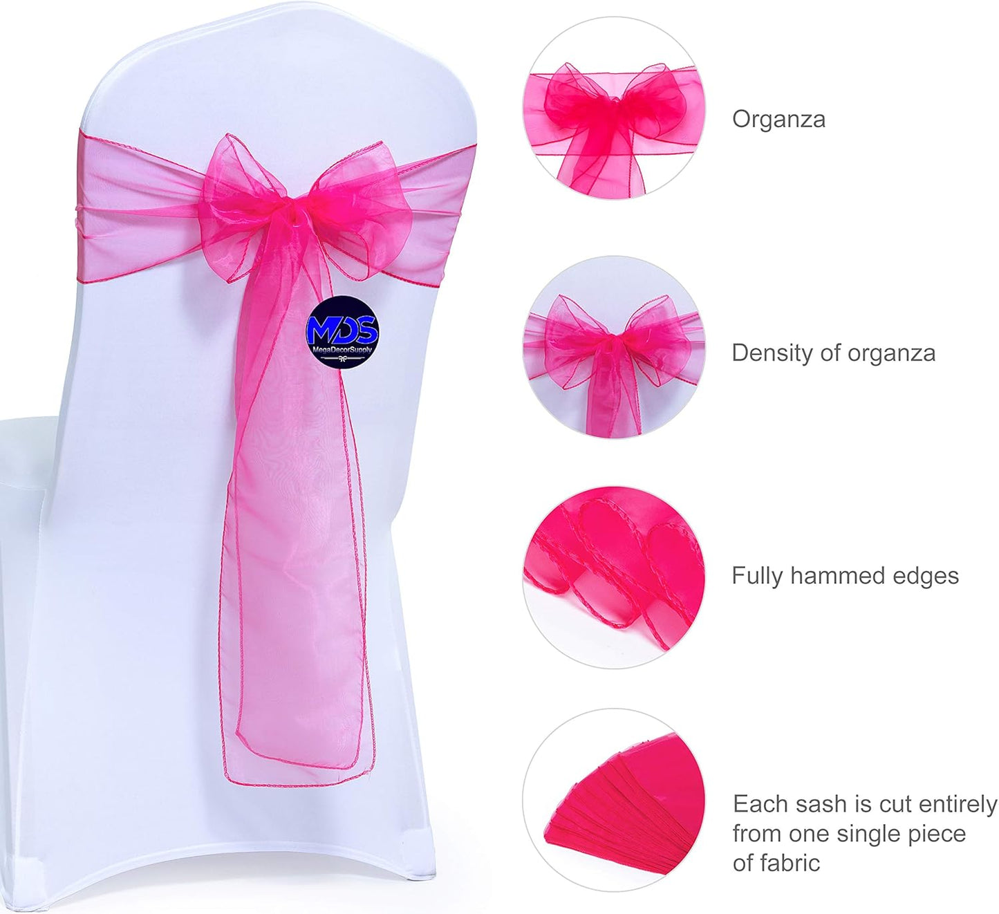 MDS Pack of 200 PCS Organza Chair Sashes Wider Dining Chair Bows Ribbon Tie Back for Wedding Party Birthday Bridal Shower Reception Event Banquet Home Chair Cover Decoration - Magenta