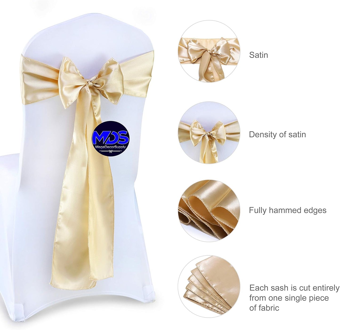 MDS Pack of 50 PCS Satin Chair Sashes Charmeuse Sateen Dining Chair Bows Ribbon Ties Back Sash for Wedding Party Birthday Home Hotel Restaurant Banquet Decoration (7 x 108 Inch, Champagne Gold)