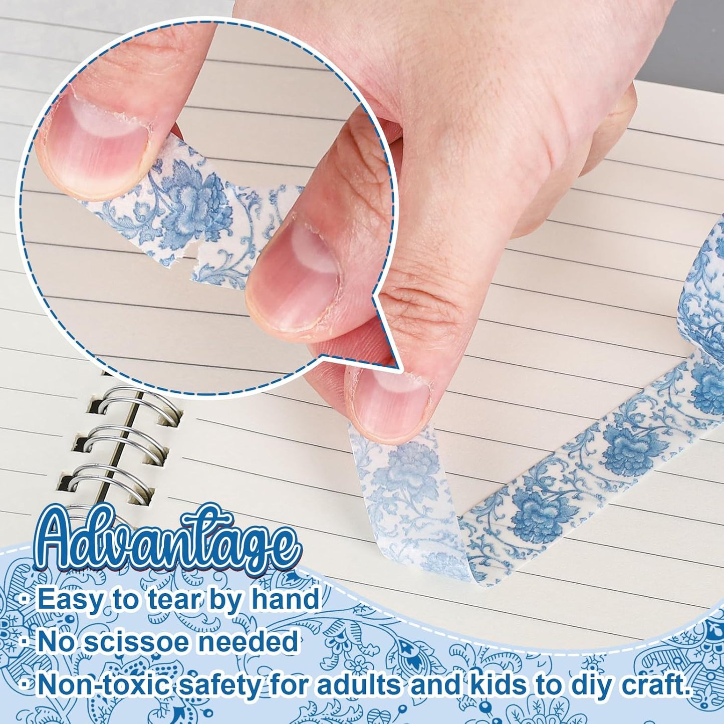 Whaline 12 Rolls Blue Floral Washi Tape Chinoiserie Flower Washi Tape Vintage Masking Decorative Gift Wrapping Paper Tape for DIY Craft Scrapbook Envelope Party Favor Supplies