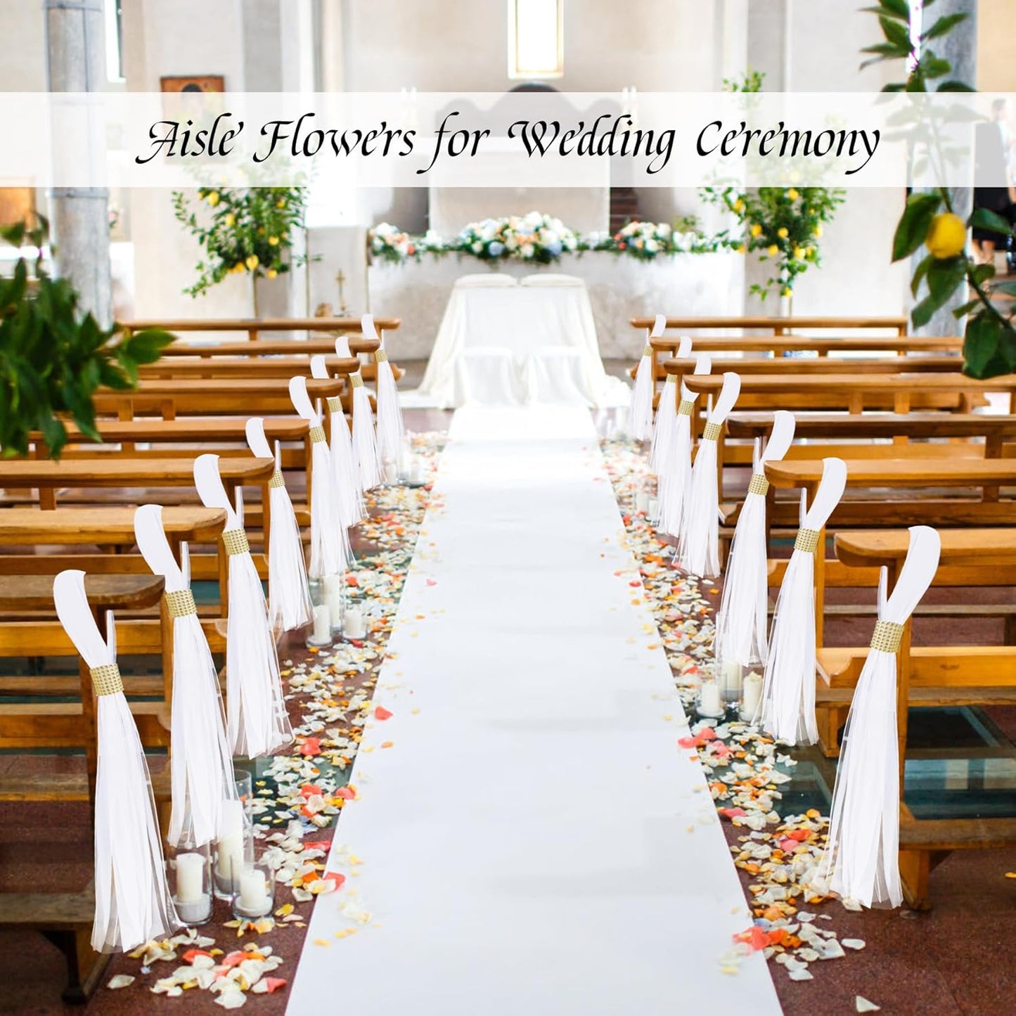 Large White Pew Bows Tulle Wedding Aisle Chair Decorations, Extended Church Pew Decor Aisle Flowers Runner for Weddings Ceremony Outside Decorations (38, Gold Wrap)