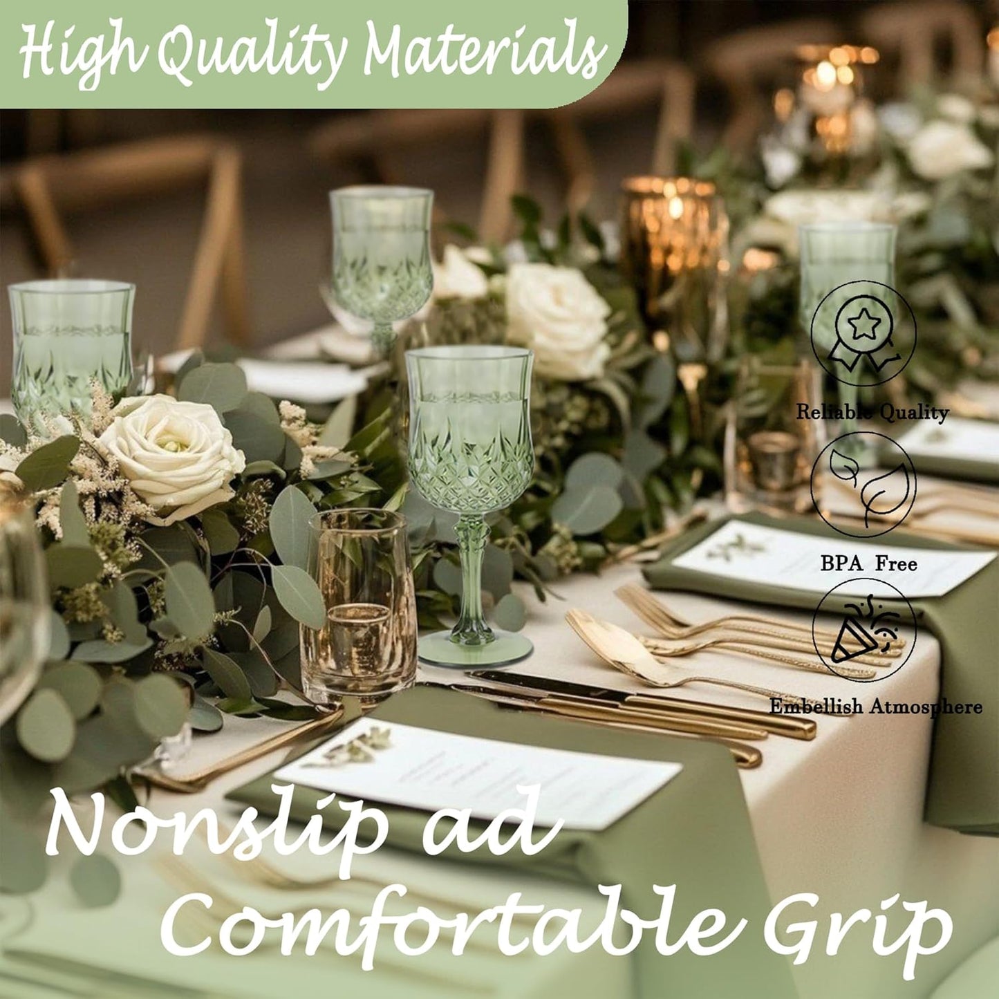 Plastic Wine Glasses，Plastic Goblets Vintage Style Cordial Drinking Glasses for Wedding Reception, Grand Event Party Supplies (24, New Green)