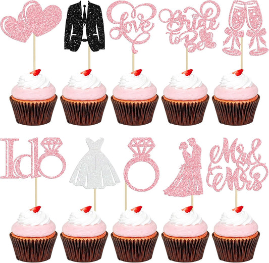 Gyufise 30Pcs Bride to Be Cupcake Toppers Glitter Diamond Ring I Do Love Cupcake Picks Miss to Mrs Bridal Shower Wedding Engagement Bachelorette Cake Decoration Pink