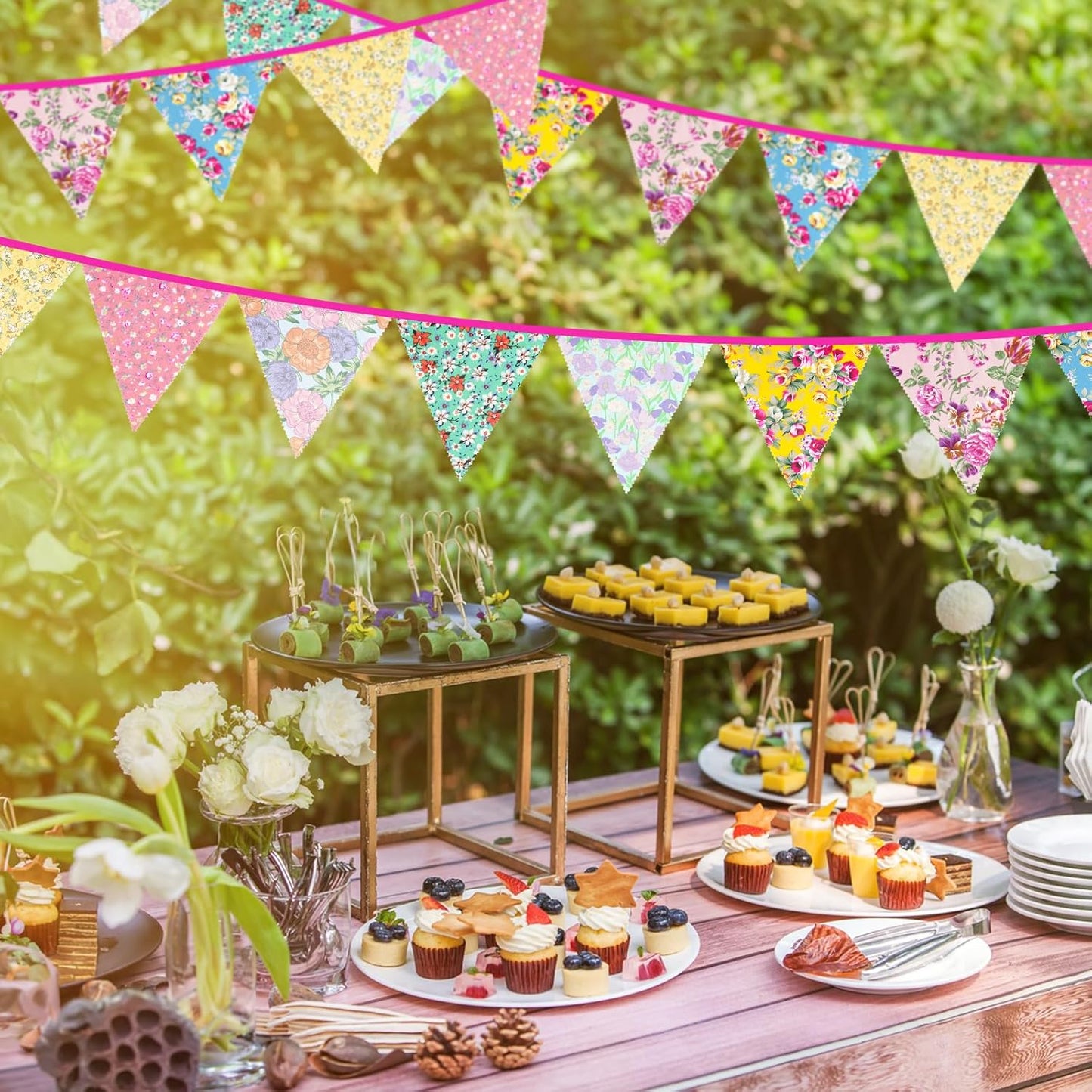 jijAcraft 39Ft Triangle Bunting Banner, 42Pcs Tea Floral Party Bunting Cotton Fabric Flags Pennant Garlands for Birthday Party, Wedding, Baby Shower, Outdoor and Home Decorations (Yellow)