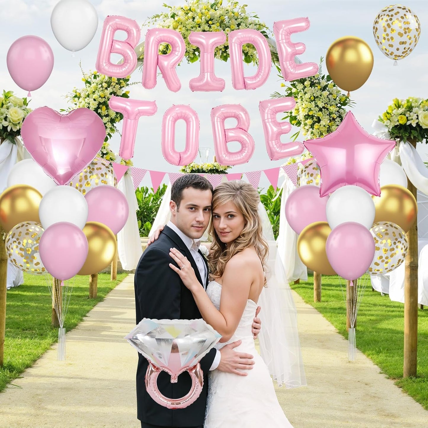 Pink and Gold Bachelorette Party Decorations, Pink Bride To Be Bridal Shower Balloons Decorations, Pink Gold Confetti Balloons with Diamond Ring Star Heart Balloon for Bachelorette Engagement Wedding