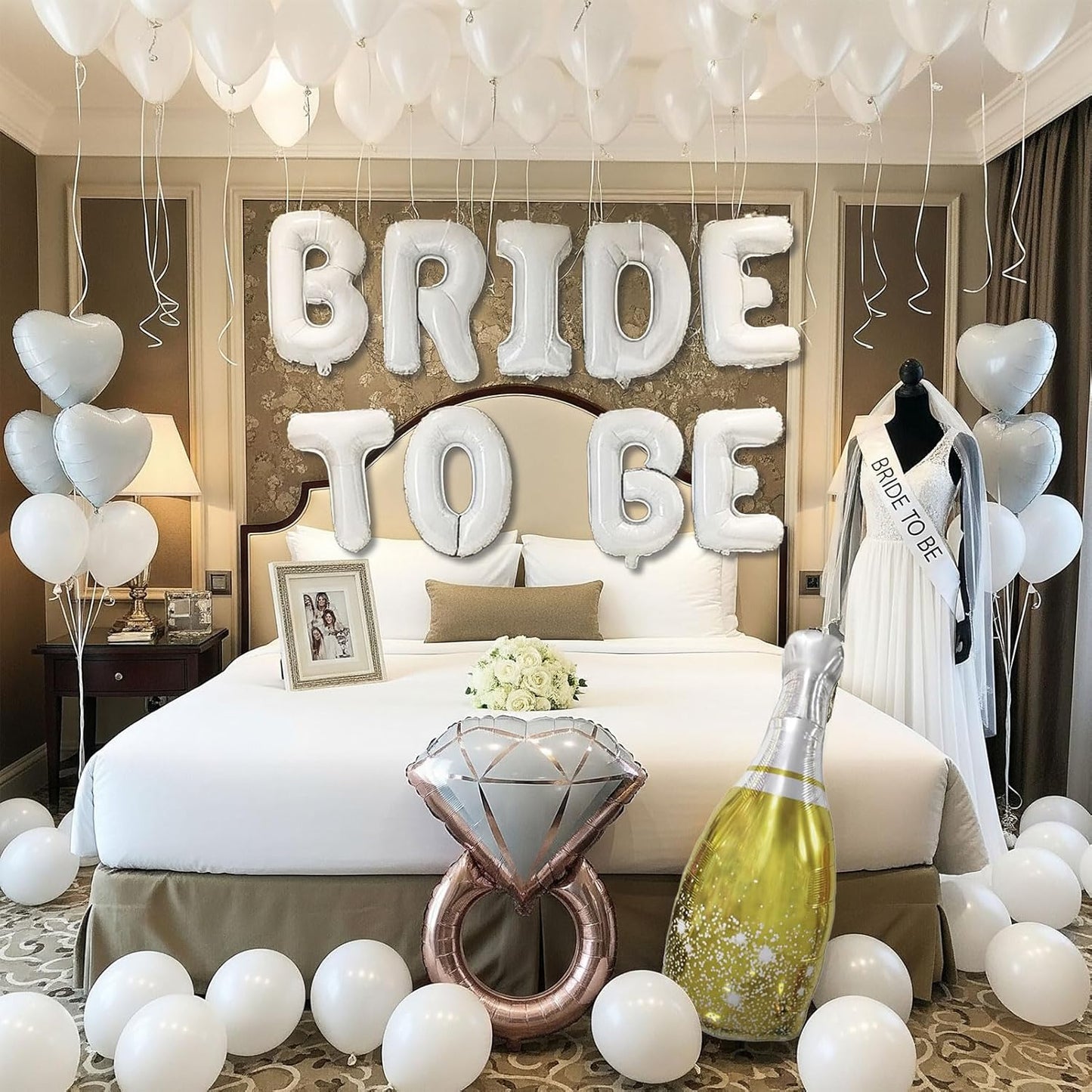 Classic pearl white Bridal Shower party decorations elegan White balloons Bridal Veil BRIDE TO BE Balloons Sash with Diamond Ring Heart Champagne Balloons Bridal Veil for Bachelorette Party Supplies
