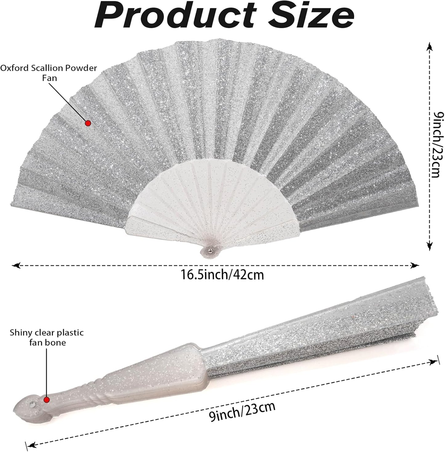24 Pack Handheld Fan,Folding Hand Glitter fan with Shining Transparent Fan Rib – Ideal for Wedding, Church, Festival, Dance, Tea Party, Club, and EDM Accessories, Silvery