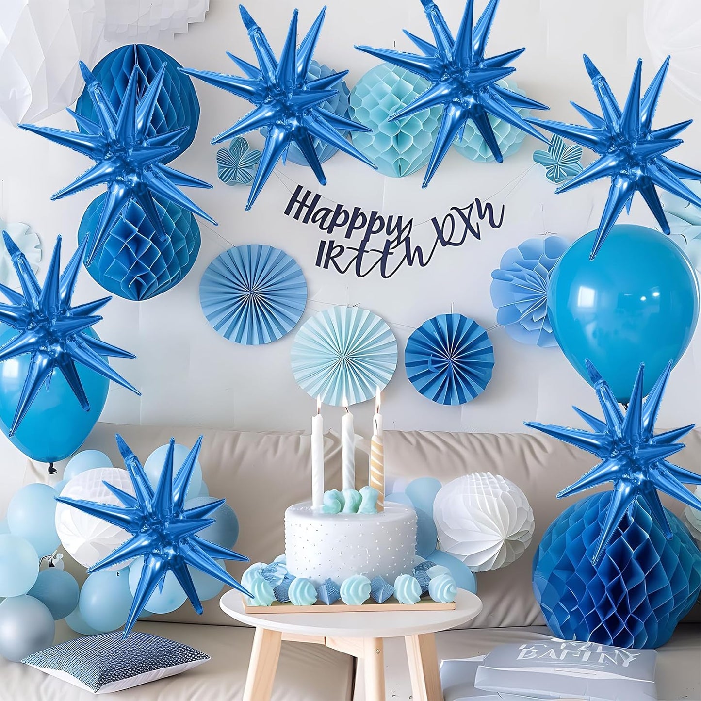 Blue Star Balloons,9Pcs 22Inch Blue Explosion Spike Cone Helium Polyester Film Star Foil Balloons for Birthday Anniversary Baby Shower Wedding Disco Party Decorations