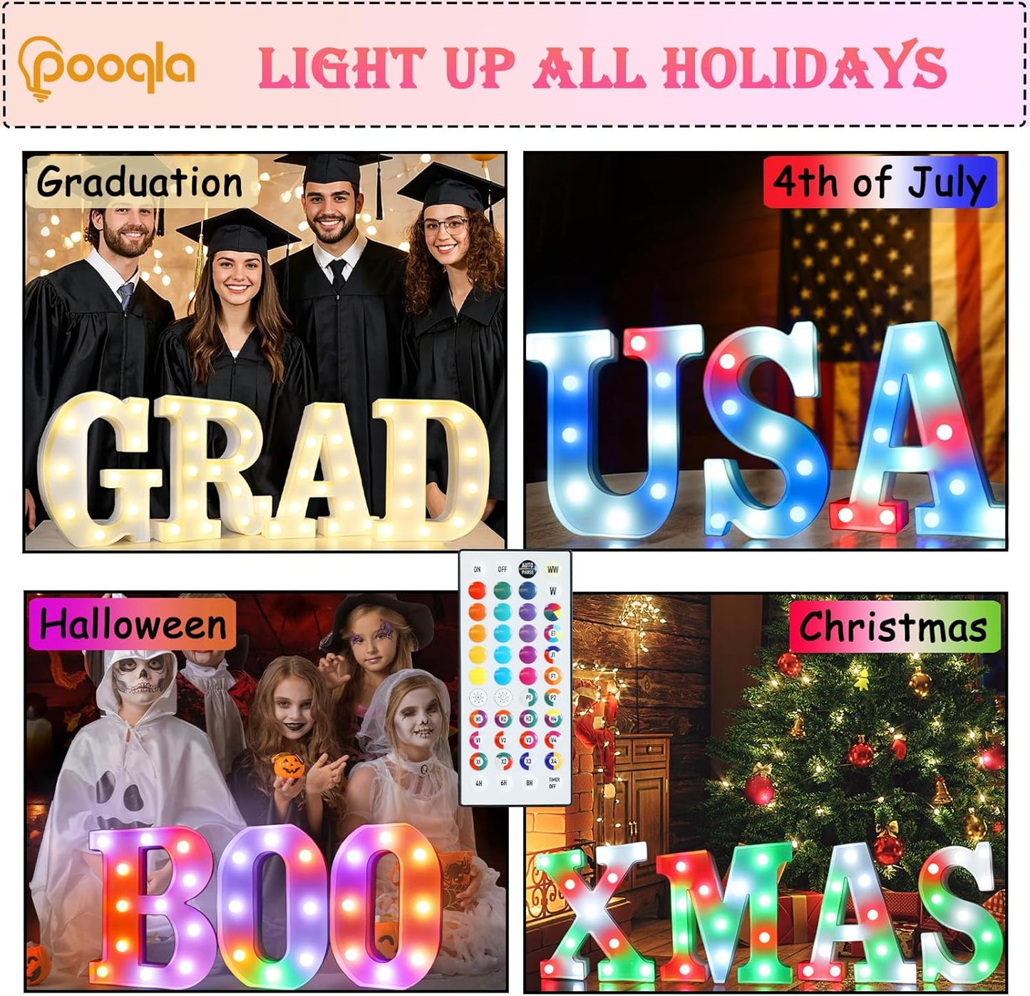 Pooqla Colorful Light Up Letters with Remote, Upgraded 35 Colors LED Marquee Letters, RGB Lighted Letter for Girls Teenager Gift, Birthday, Party, Wedding, Night Light, Room, Bedroom Decor, Letter K