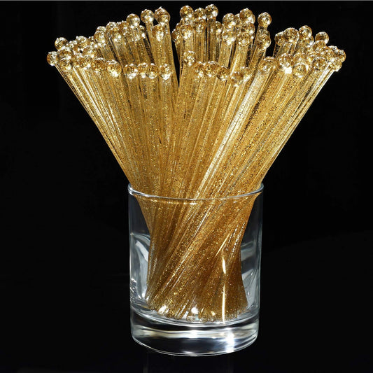 Honoson 100 Pieces Disposible Plastic Round Top Crystal Swizzle Sticks (Gold)