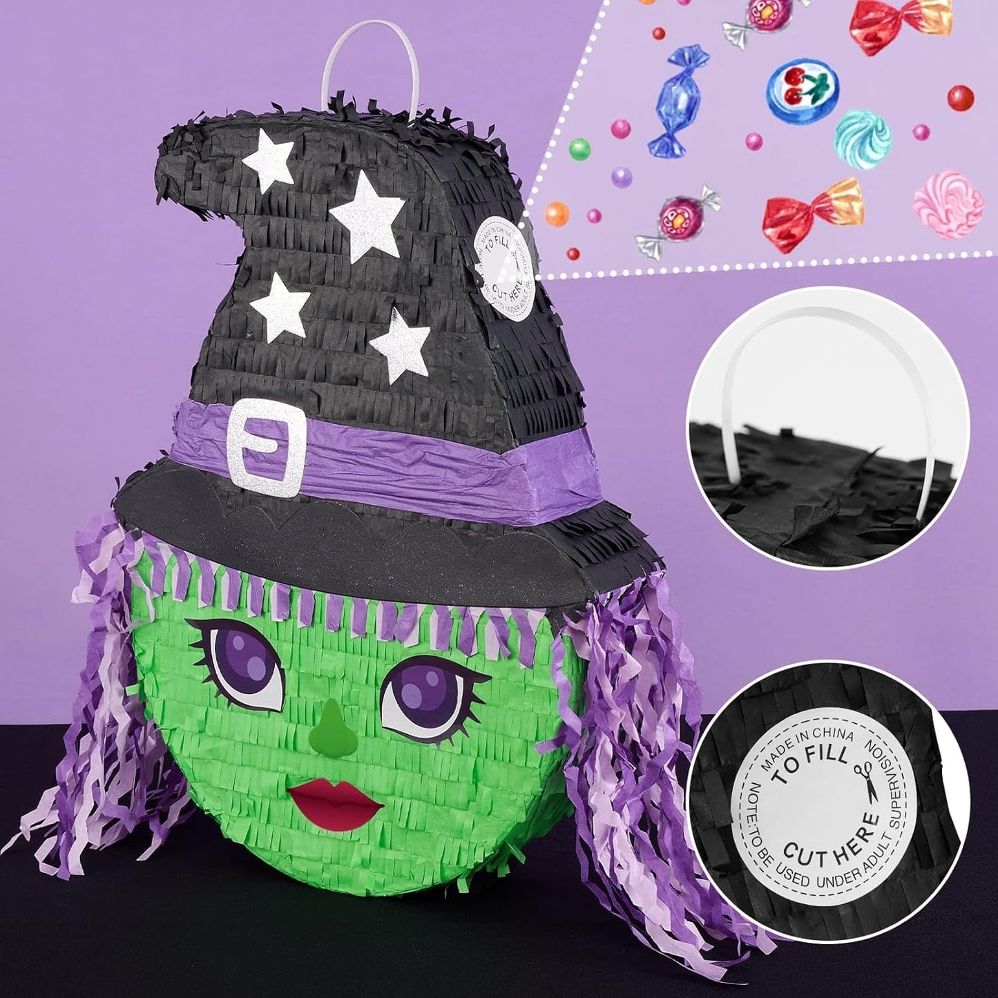 WERNNSAI Halloween Witch Pinata - Green Witch Pinata Halloween Party Games for Kids Costume Party Decor Favor School Scary Game Wizarding World Party Supply with Bat & Blindfold