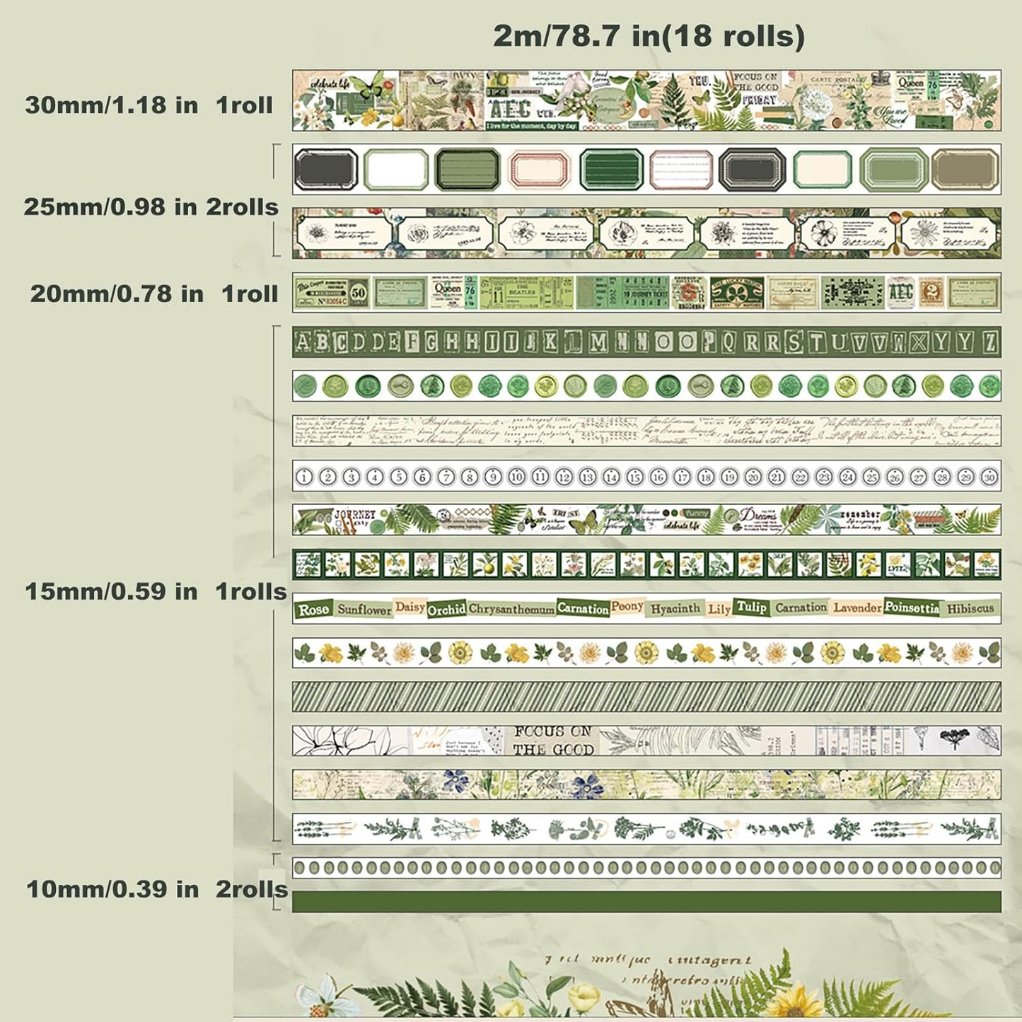 18 Rolls Botanical washi Tape Set for Crafts and Journaling DIY Scrapbooking Supplies Flower washi Tape for Scrapbooking Decorating Tape