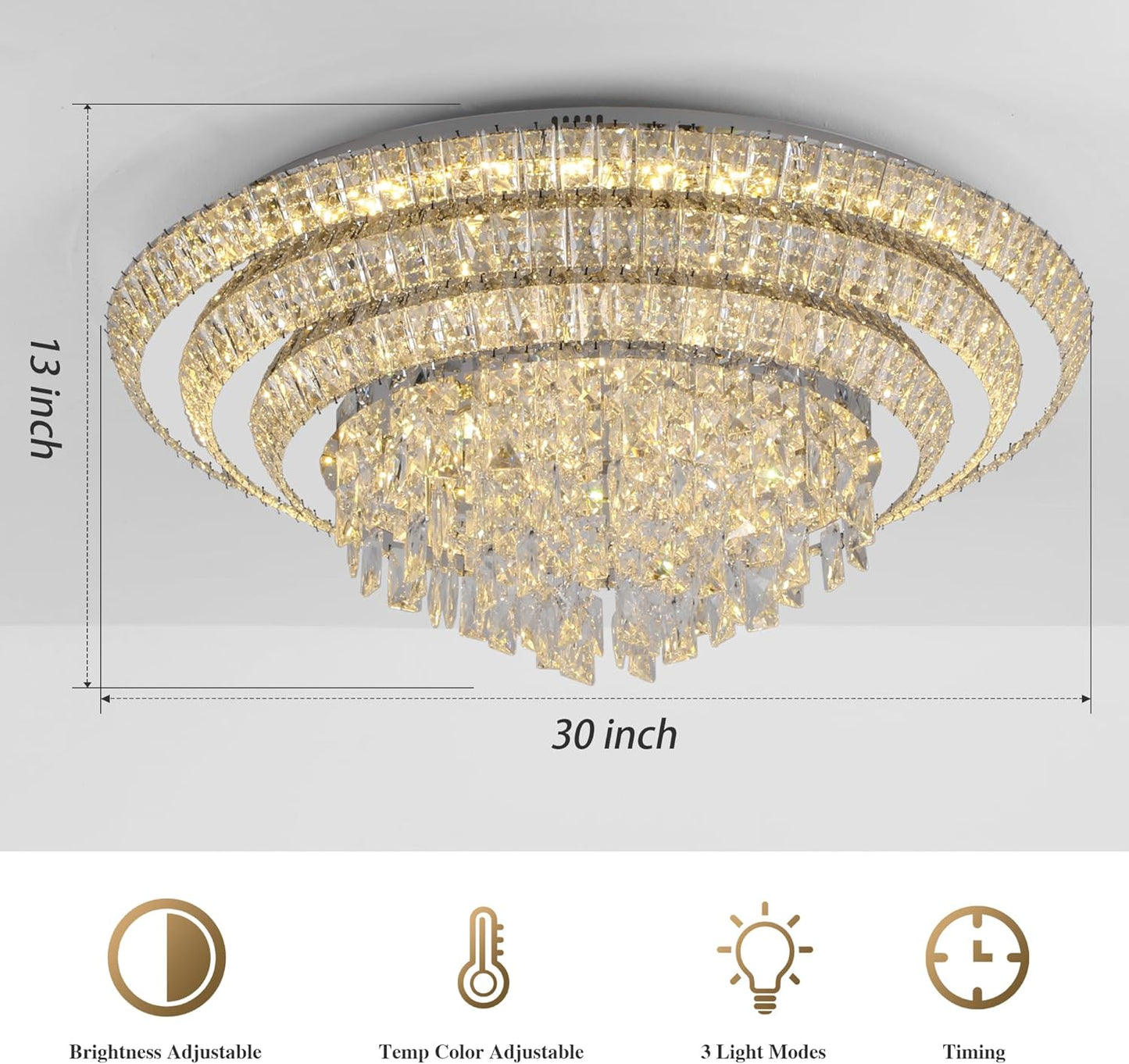 30 inch Crystal Silver Ceiling-Light Flush Mount with Remote Control and APP, 3CCT Dimmable & Brightness Adjustable, Modern Crystal Raindrop Chandeliers for Bedroom Hallway Dinning Room Living Room
