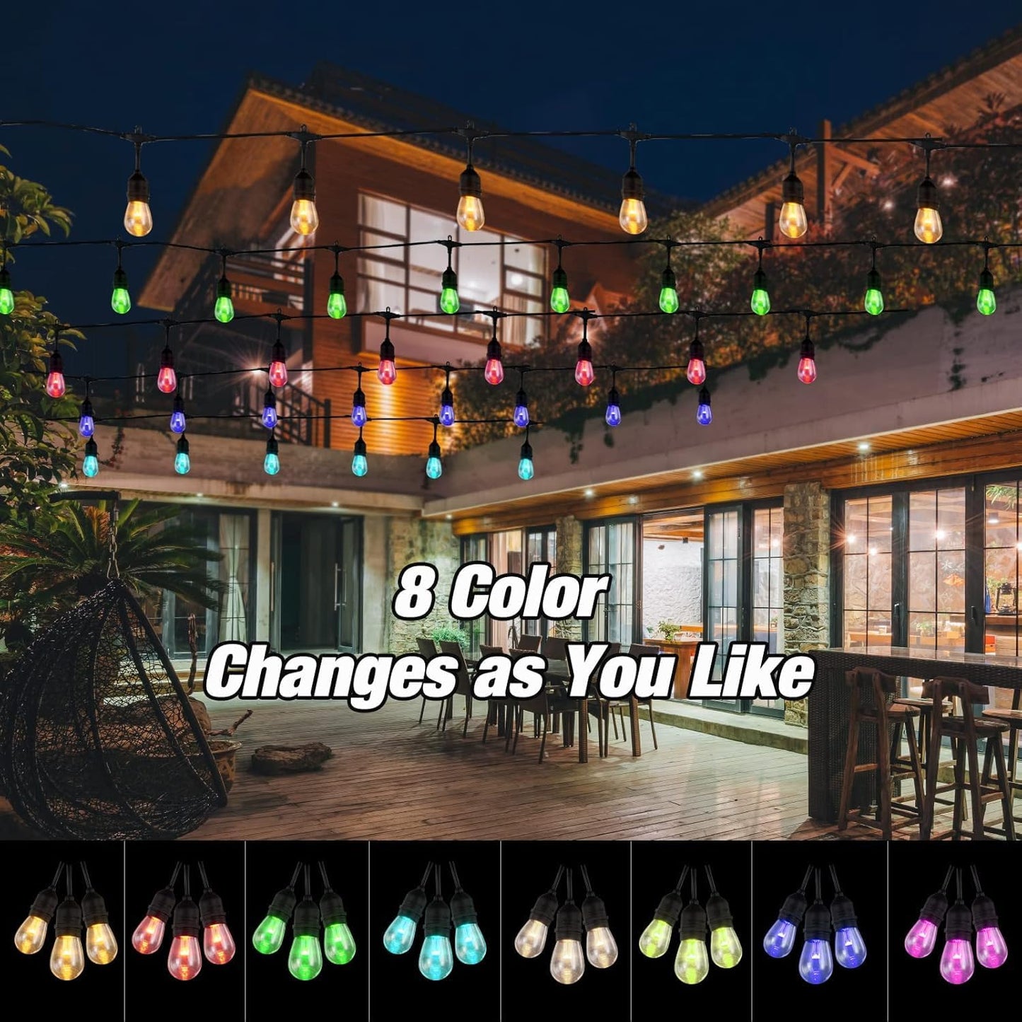 24FT Solar Outdoor String Lights, 12 Shatterproof E26 Edison LED Bulbs, Dimmable RGB Color Changing Patio Lights with 8 Modes, IP65 Waterproof & Remote for Weddin & Commercial Use