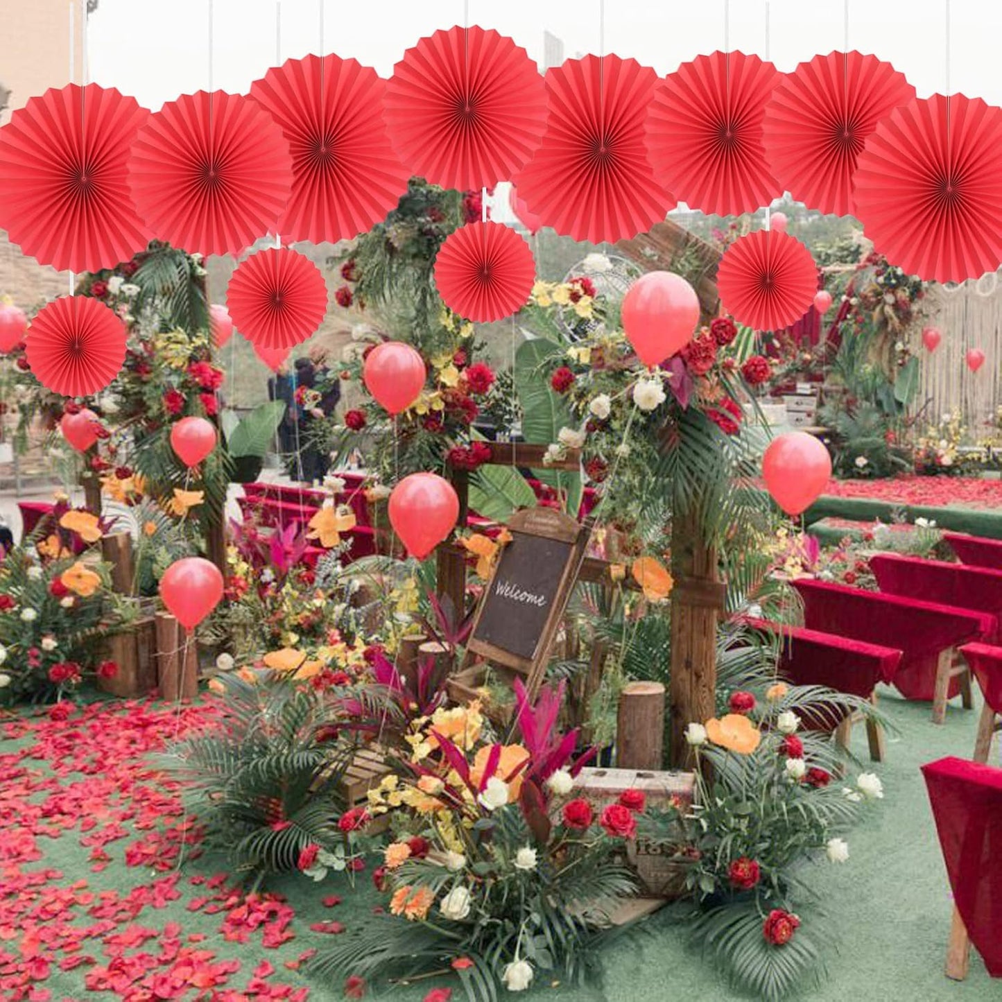 HQZ Red Party Hanging Fans DIY Set - 12pcs Pinwheels & Flowers for Weddings, Birthdays, Christmas; Hanging Fan Decorations