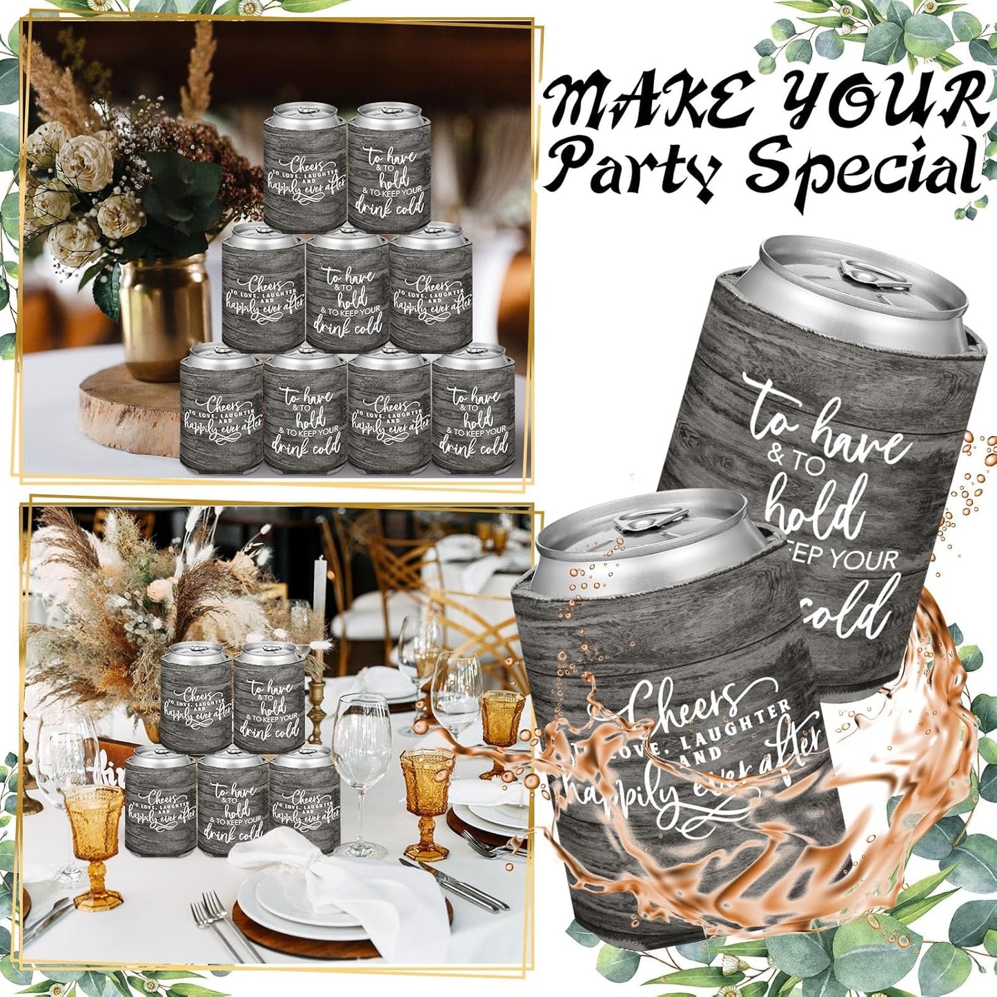 50 Pieces Wood Grain Wedding Can Cooler Sleeves Bulk Engagement Party Favors for Guests Cheers to Love Laughter and Happily Ever After Rehearsal Dinner Decorations for Wedding Bridal