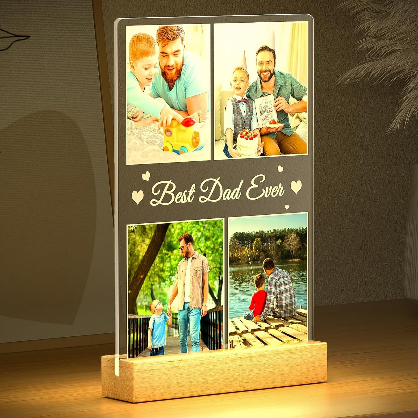 Best Dad Ever Gifts, Custom Collage Picture Frames with Night Light, Customized Acrylic Plaque Photo Frame, Personalized Birthday Photo Gifts for Dad, Baby, Kids, Family