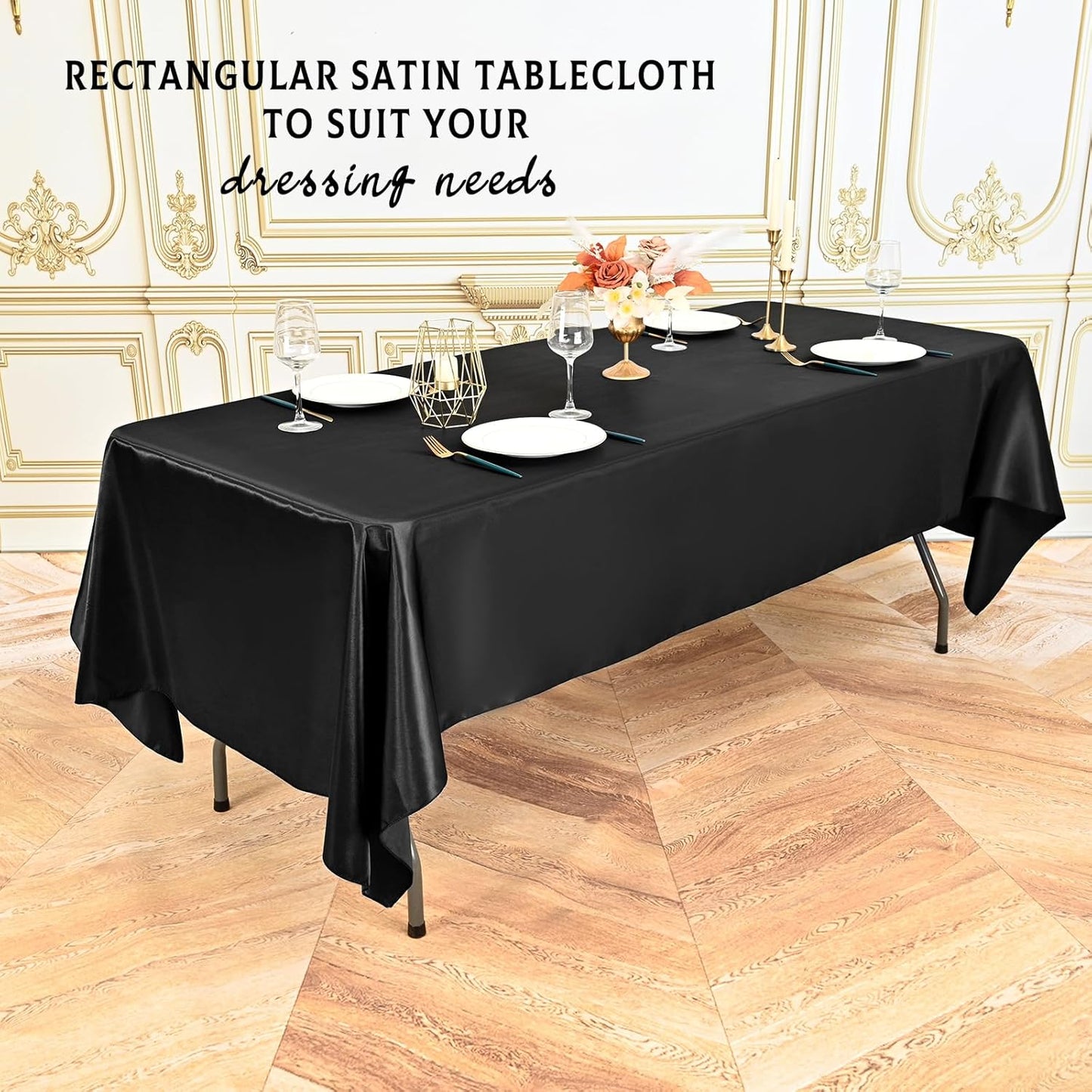 6 Packs Satin Tablecloth 57 x 108 Inch Black Rectangular Table Cloth Silk Tablecloth Smooth Fabric Overlay Satin Table Cover Decoration for Wedding Party Banquet Events