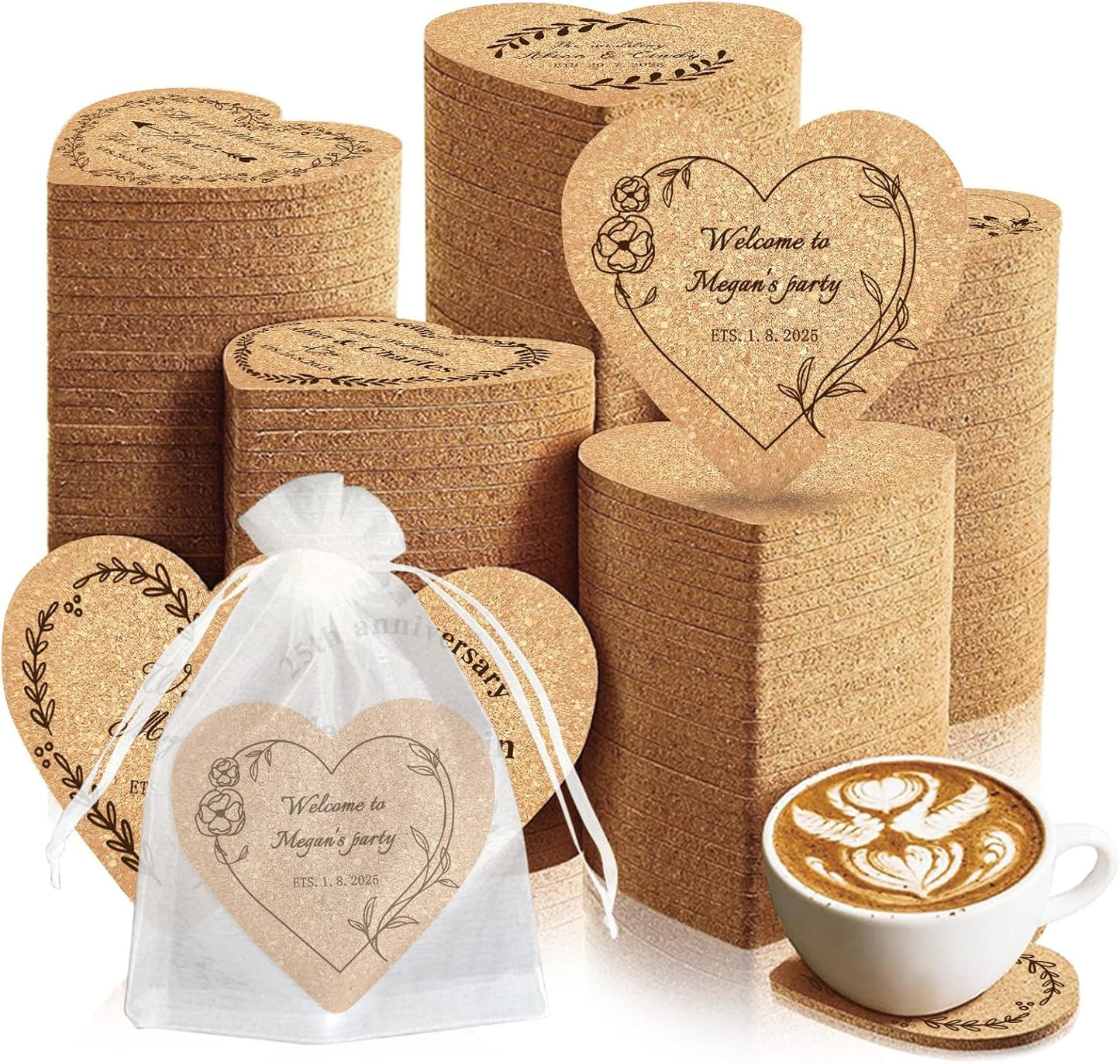 Custom Coasters Personalized Cork Coasters Bulk with Logo Wedding Personalized Cork Natural Wood Engraved Drink for Wedding Favors (Cork Coasters - Heart)