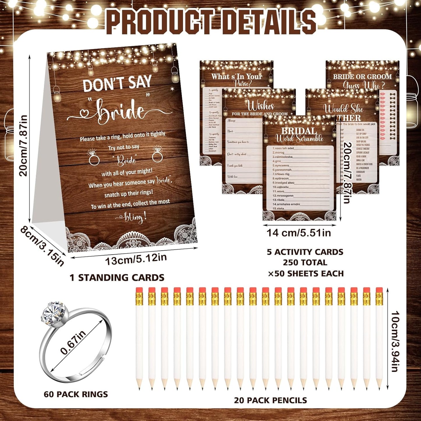 Estune 331 Pcs Bridal Shower Games Supplies, 5 Sets 250 Pcs Wedding Cards 1 Put a Ring on It Bridal Shower Games with 60 Rings and 20 Pencils(Rustic Wood)