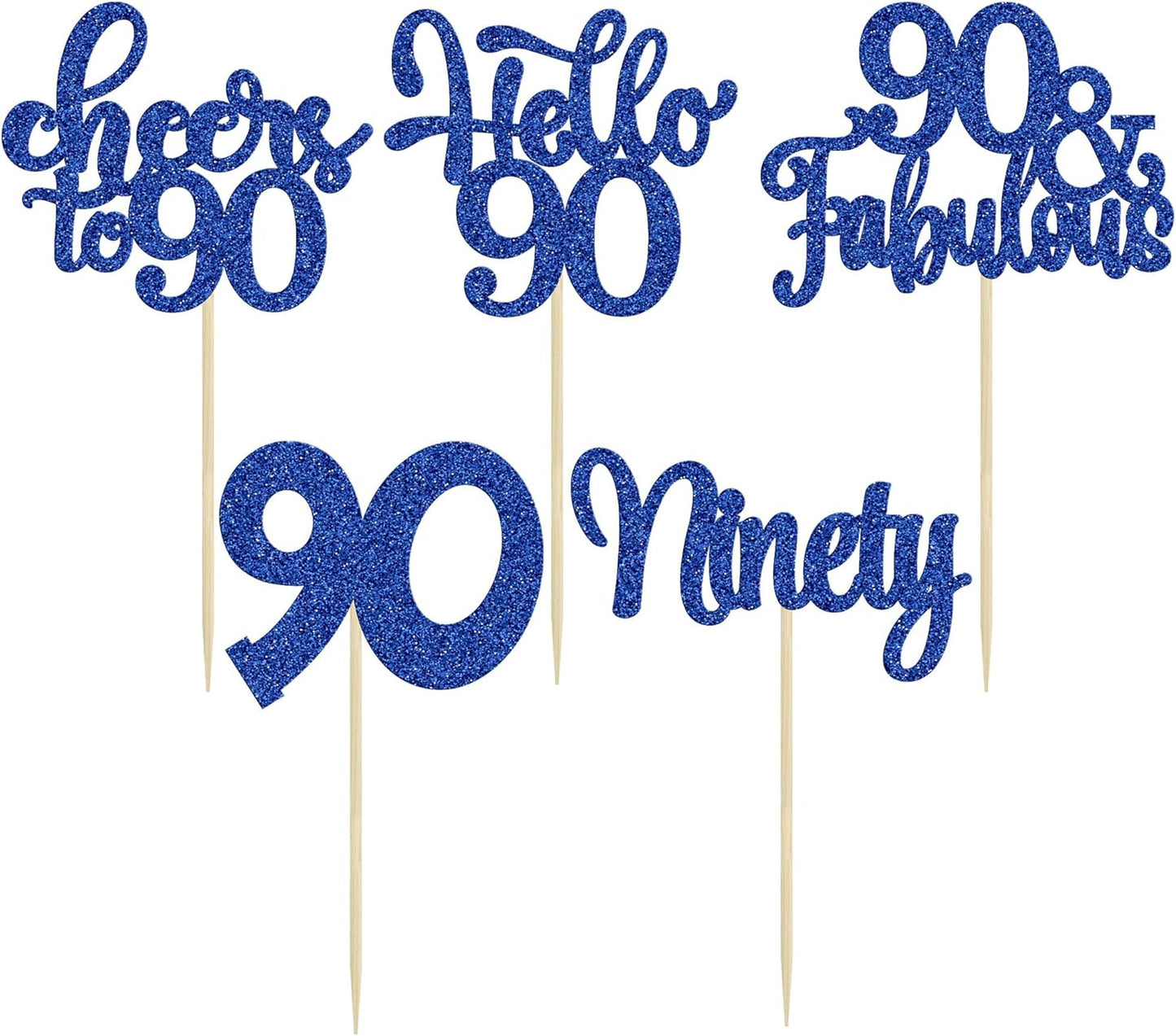 30pcs Happy 90th Birthday Cupcake Toppers - Deep Blue Glitter Ninety Cheers to 90 Years Old Cupcake Picks for Anniversary Party Cake Decorations