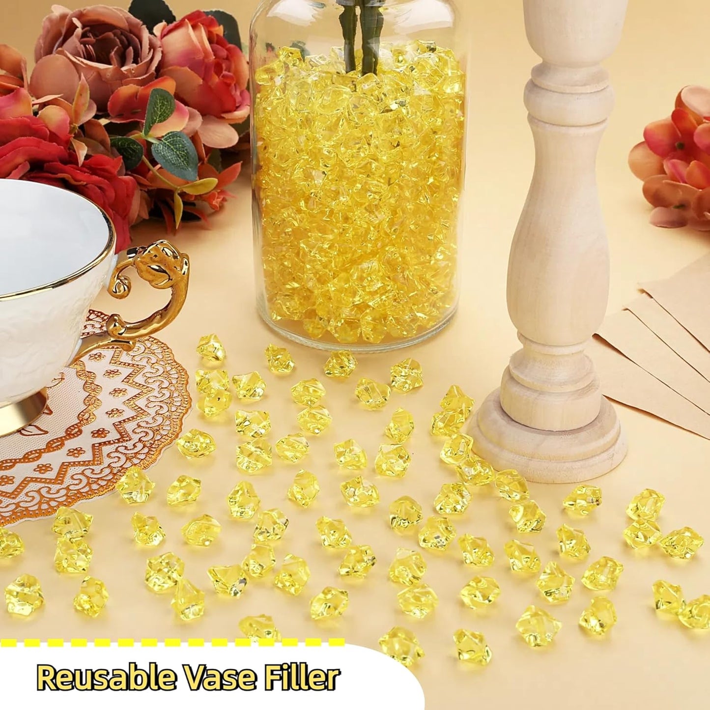 YATOJUZI 500pcs Fake Ice Cubes Yellow Acrylic Crushed Rocks Vase Fillers Plastic Diamonds Gems for DIY Party Wedding Centerpiece Table Scatter Prop Display 0.5" (Only Yellow)