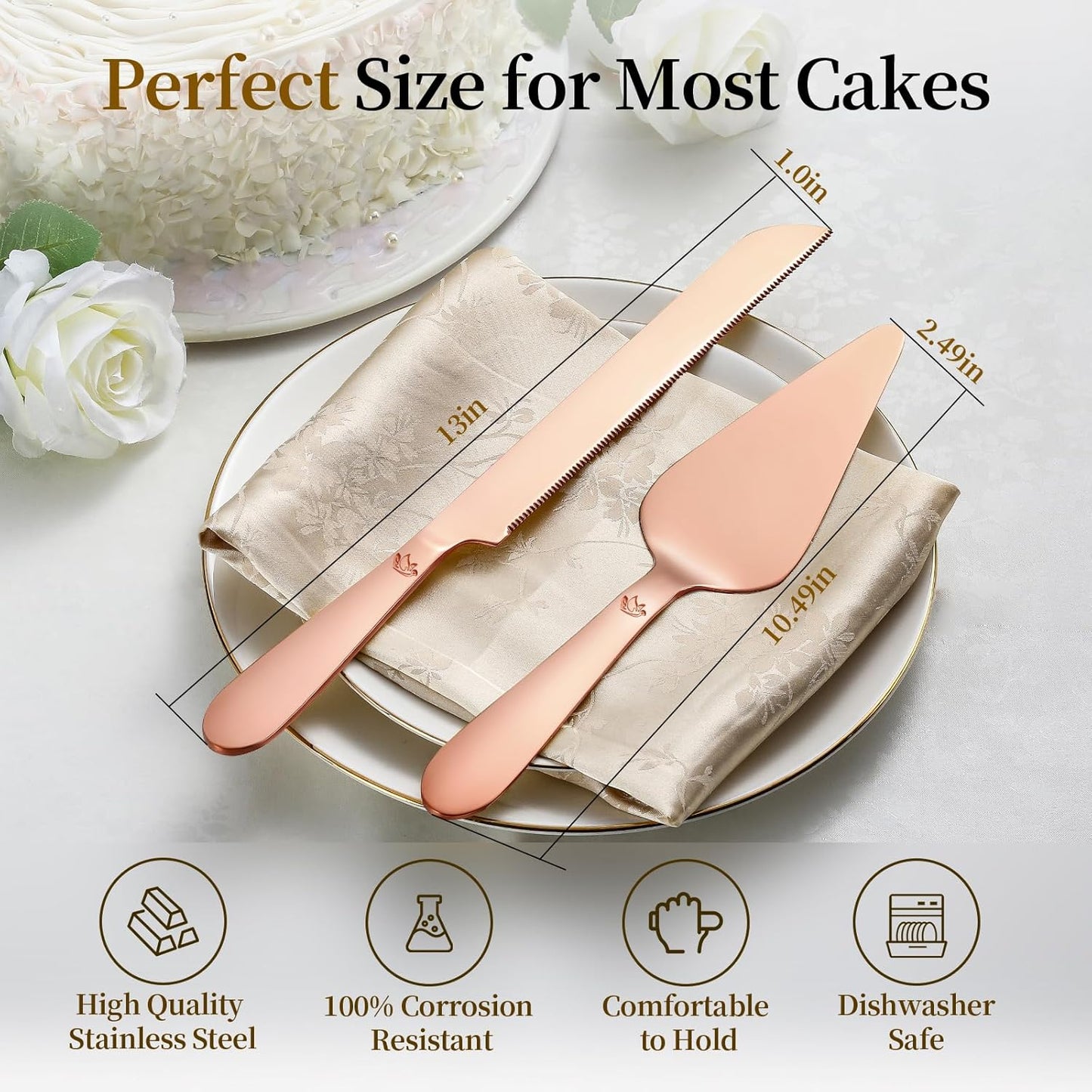 Cake Cutting Set for Wedding - Extended Cake Knife and Server Set Thickened Stainless Steel 13.0" Cake Cutter 10.49" Pie Spatula Great for Birthday Anniversary Christmas Gift 2 Pcs Rose Gold